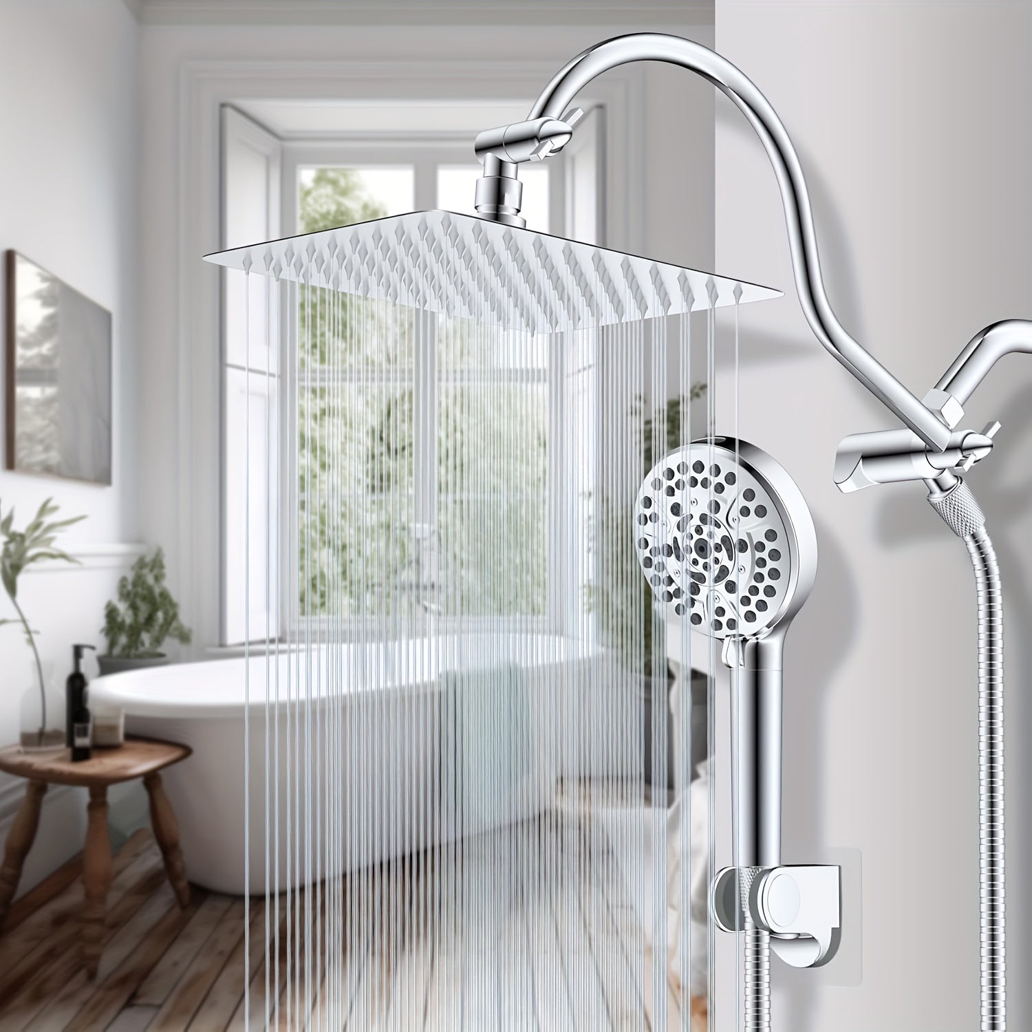 High Pressure Rainfall Shower Head with Handheld - 10'' Wide Coverage Showerhead, Adjustable 12'' Arm & 59'' Hose, 10-Spray Modes, Adhesive Mount, Matte, Suitable for Modern Bathrooms - 304 Stainless Steel Shower System