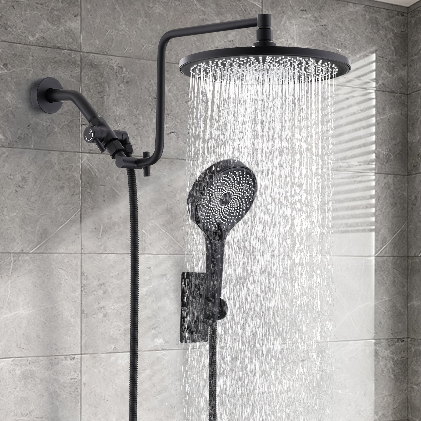 Black Shower Head Set, 10-Inch High-Pressure Rainfall Showerhead with 12-Inch Adjustable Extension Arm And 3 Settings Powerful Shower Spray, 3-Way Shower Toggle Valve, Extra Long Hose - Wall Mounted,for Shower Use Only