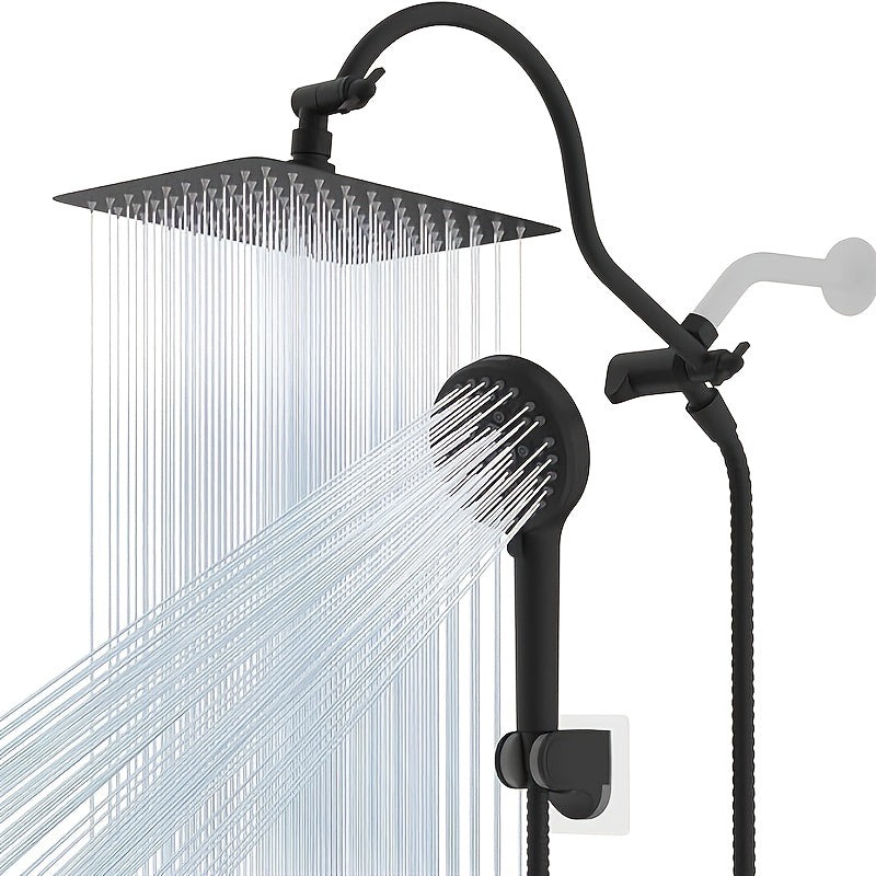 High Pressure Rainfall Shower Head with Handheld - 10'' Wide Coverage Showerhead, Adjustable 12'' Arm & 59'' Hose, 10-Spray Modes, Adhesive Mount, Matte, Suitable for Modern Bathrooms - 304 Stainless Steel Shower System