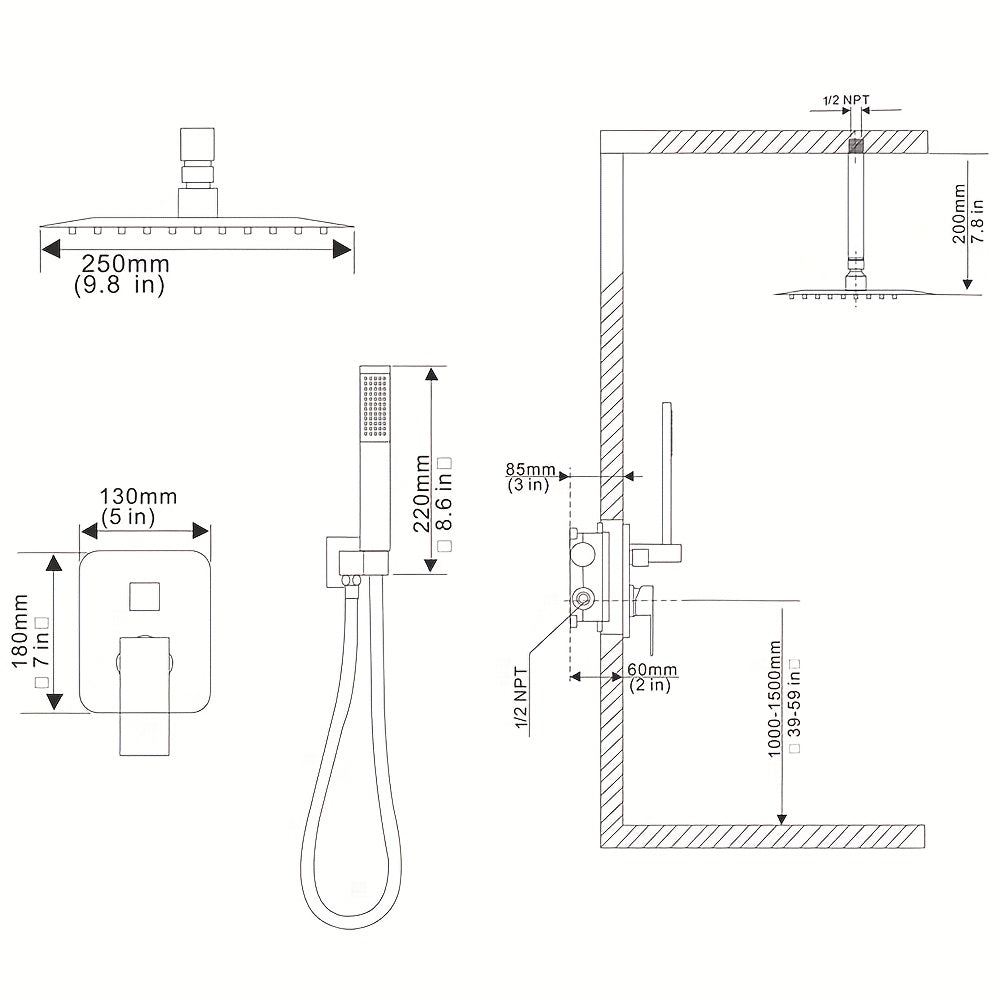 10 12 16 Inch Ceiling Mounted Shower System Rain Mixer Shower Combo Set Rainfall Shower Head System Matte Black Shower Faucet Rough-in Valve Body And Trim Included
