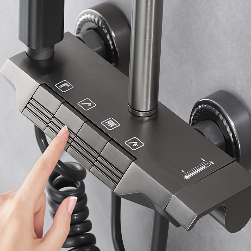 1Set Luxury 4-Way Piano Key Shower System - Thermostatic Rainfall & Handheld Shower Heads, Tub Spout, Bidet Sprayer - Wall Mounted Bath Fixture Set, Waterfall Bathtub Sprayer