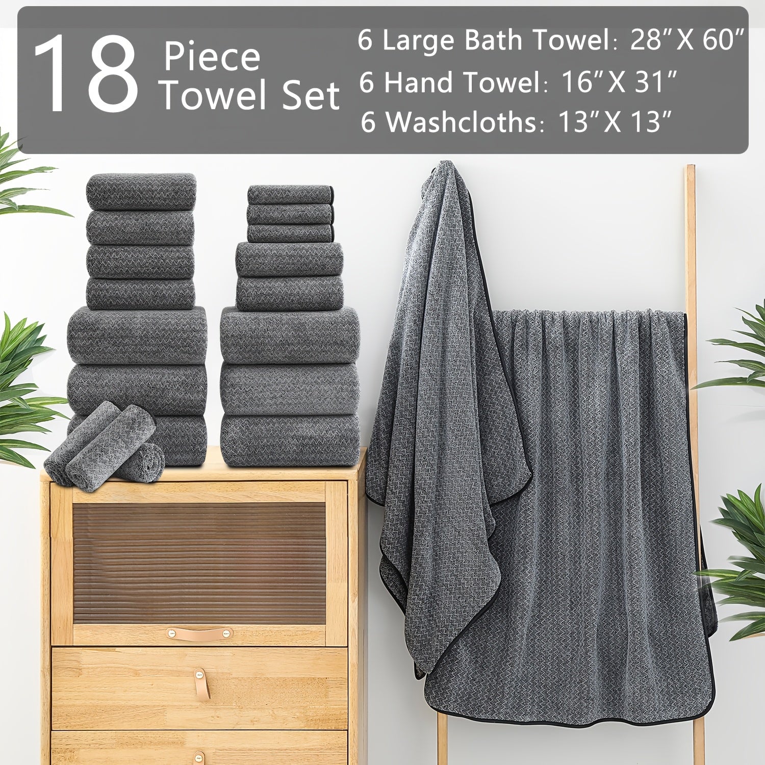 Set of 18 Bath Towels Made from 100% Microfiber, Designed for Family Bathrooms. Includes 6 Bath Towels, 6 Hand Towels, And 6 Washcloths. These Quick-Drying, Highly Absorbent Towels Are Ideal for Home Use, Hotels, Spas, And Outdoor Activities