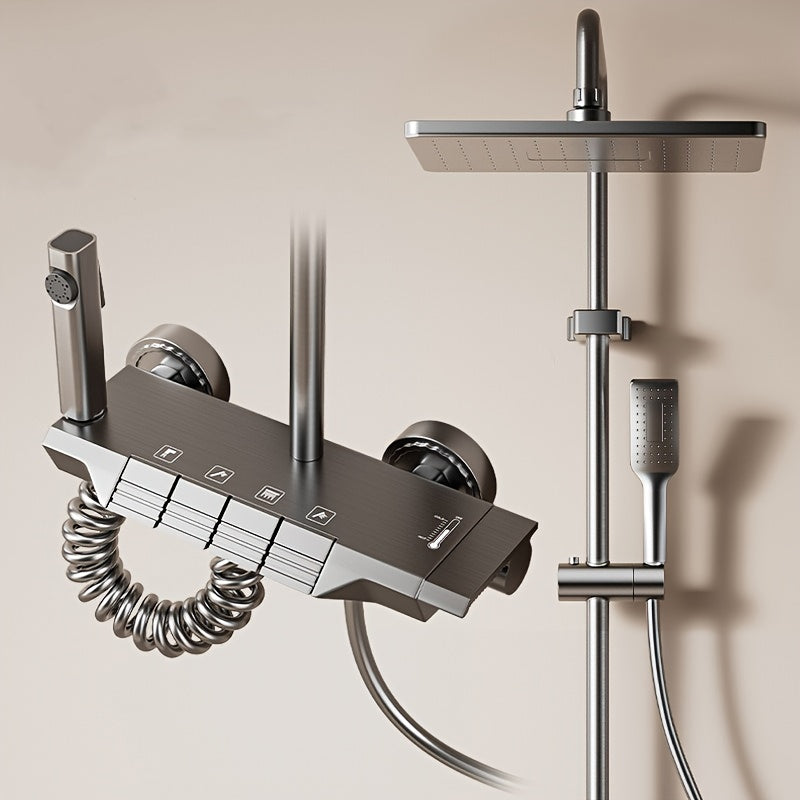 1Set Luxury 4-Way Piano Key Shower System - Thermostatic Rainfall & Handheld Shower Heads, Tub Spout, Bidet Sprayer - Wall Mounted Bath Fixture Set, Waterfall Bathtub Sprayer