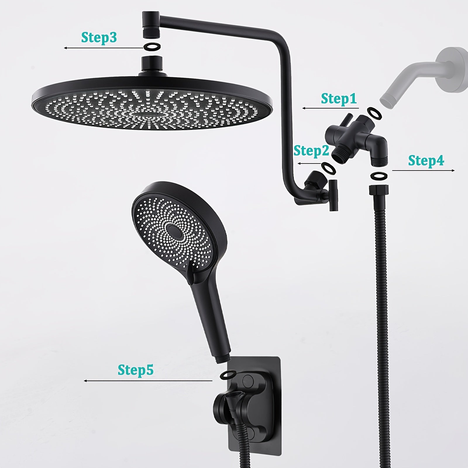 Black Shower Head Set, 10-Inch High-Pressure Rainfall Showerhead with 12-Inch Adjustable Extension Arm And 3 Settings Powerful Shower Spray, 3-Way Shower Toggle Valve, Extra Long Hose - Wall Mounted,for Shower Use Only