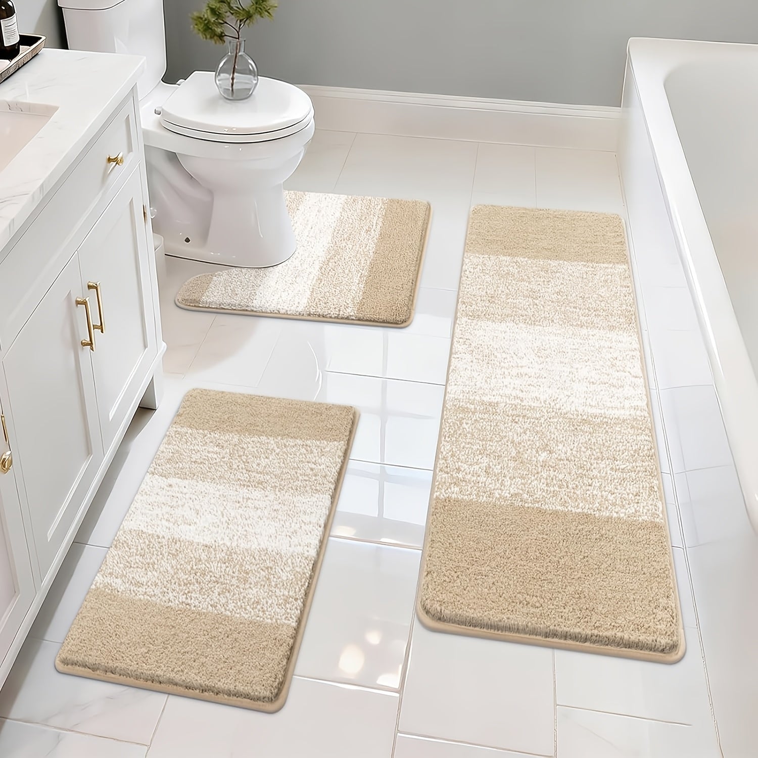 Set of Three Bathroom Rugs Made of Microfiber, Featuring Non-Slip Mats, Soft Shaggy Textures, And Runners. They Are Machine Washable And Come in Sizes 18\