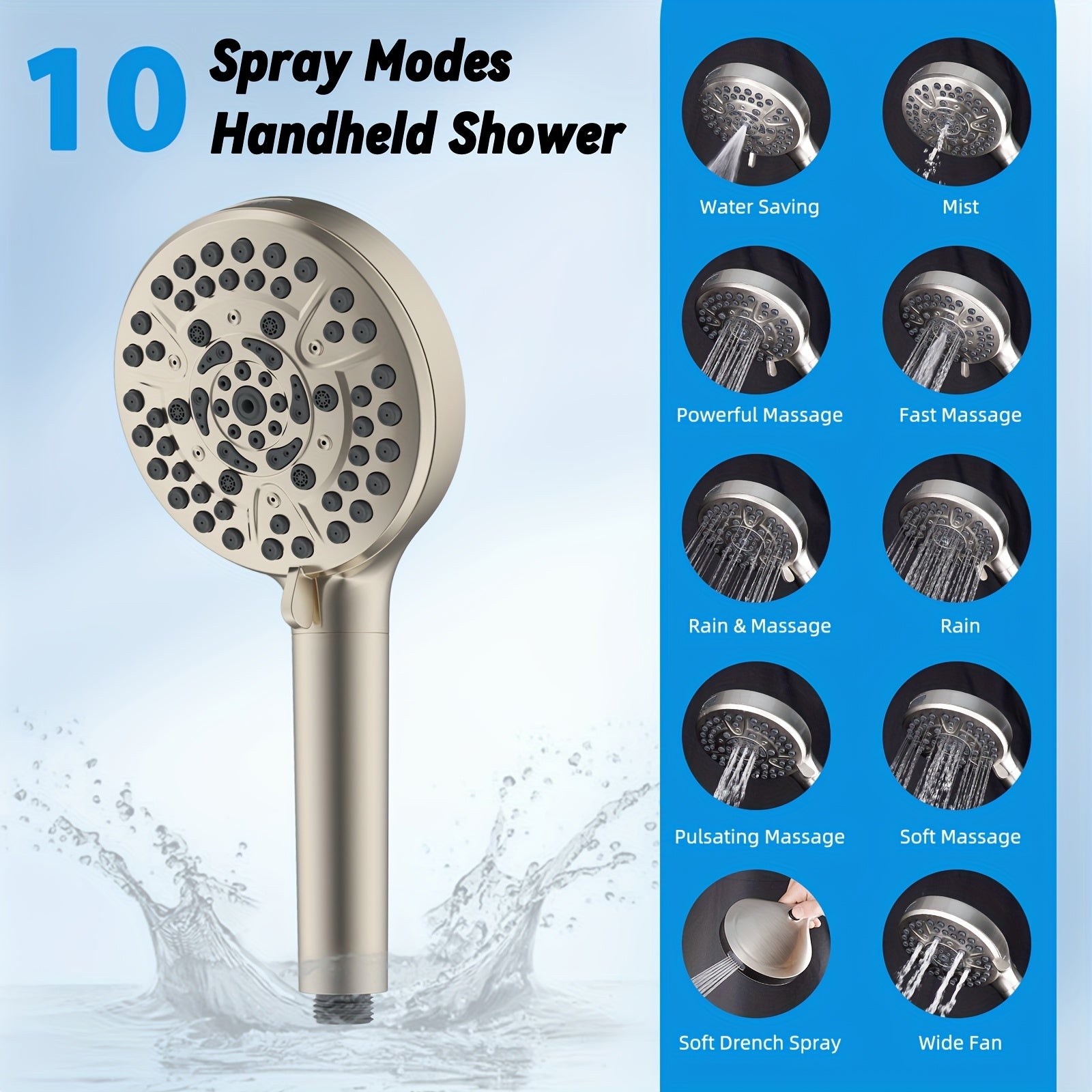 Combo of High-Pressure Rain Shower Head with 10 Spray Options, Handheld Spray, 71-Inch Shower Hose, Adhesive Bracket for Shower Head, Finished in Brushed Nickel