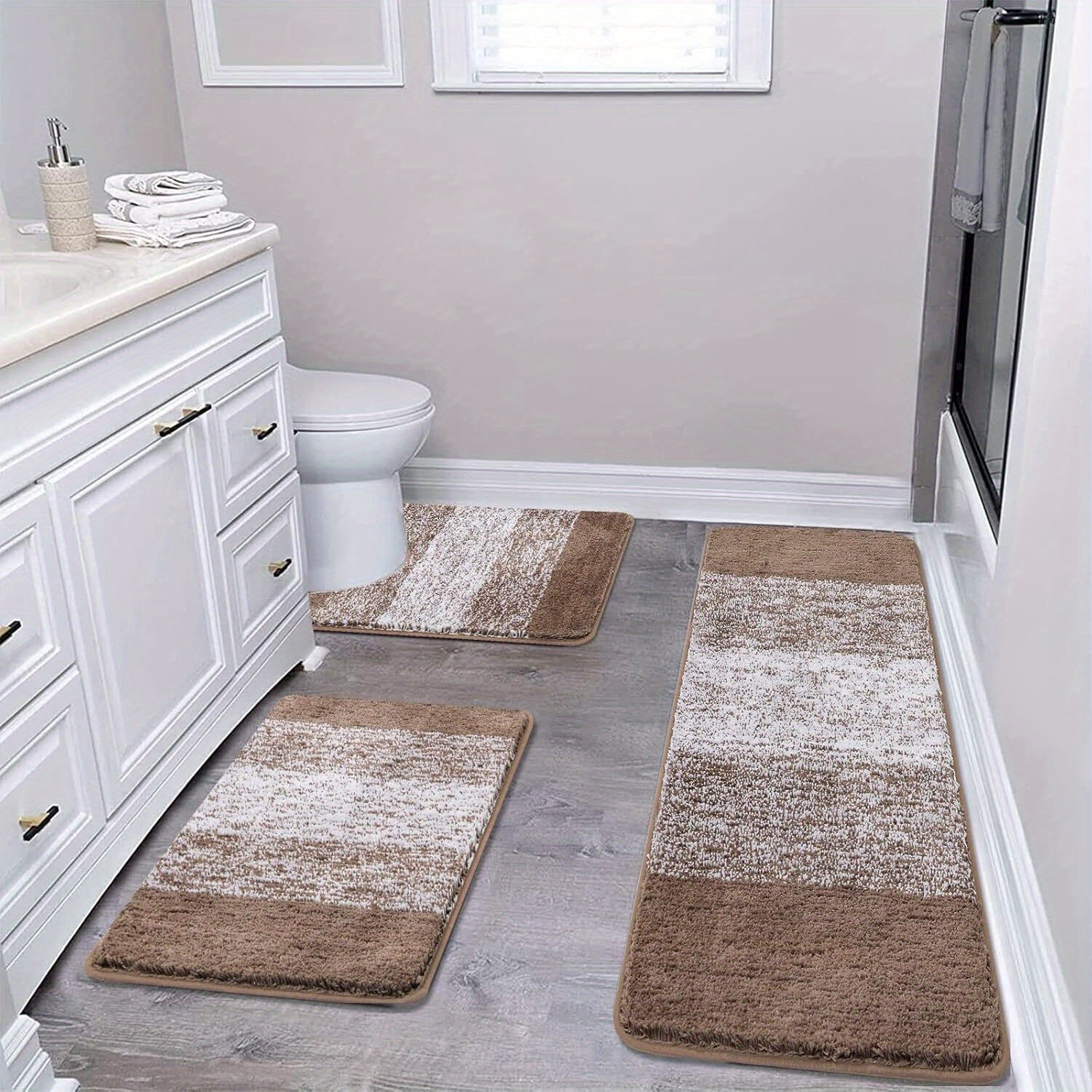Set of Three Bathroom Rugs Made of Microfiber, Featuring Non-Slip Mats, Soft Shaggy Textures, And Runners. They Are Machine Washable And Come in Sizes 18\