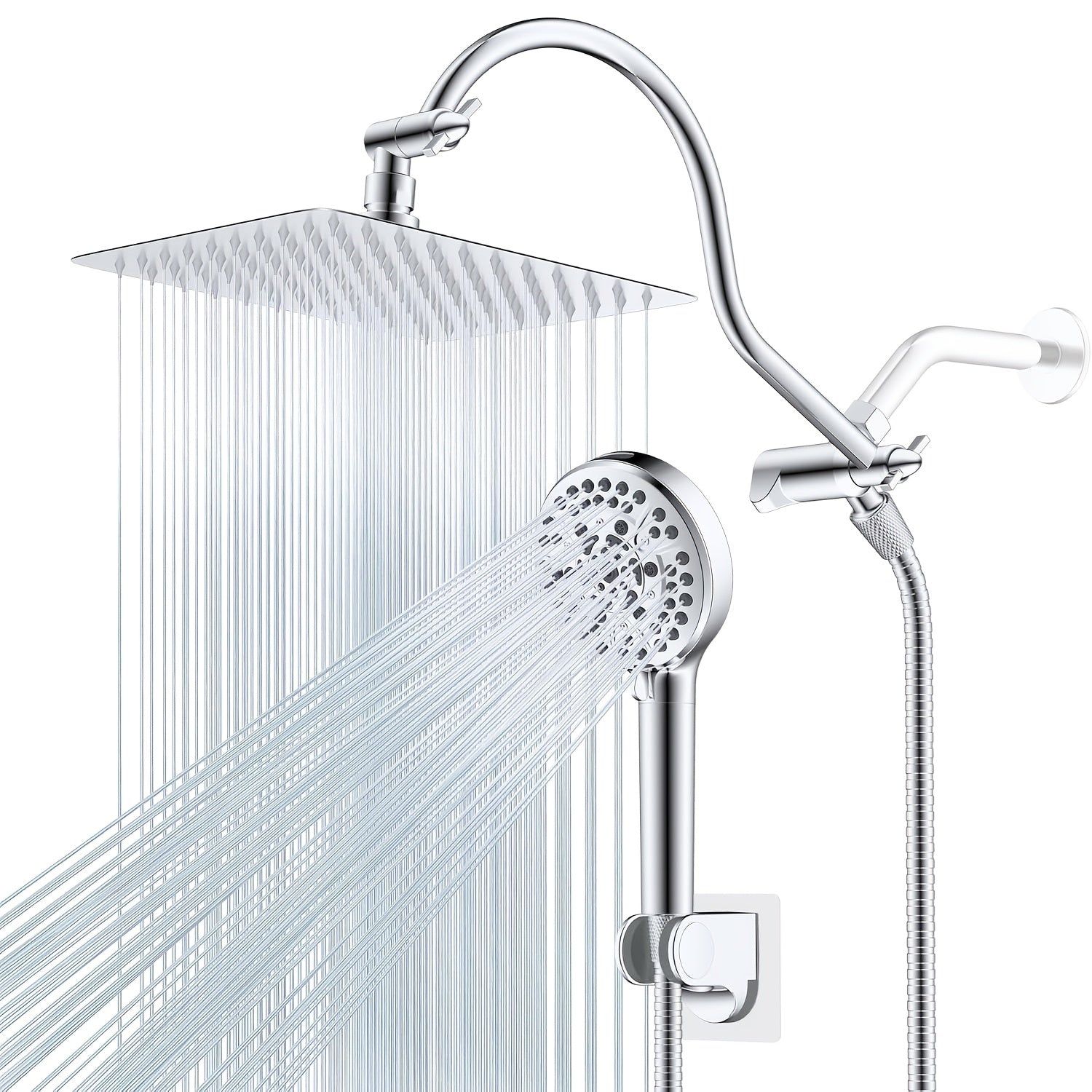 10-Inch High-Pressure Rainfall Shower Head And Handheld Shower Combination Featuring a 12-Inch Adjustable Extension Arm, with Three Adjustable Settings And an Anti-Leak Design, Including a Holder And Hose, Both Height And Angle Adjustable
