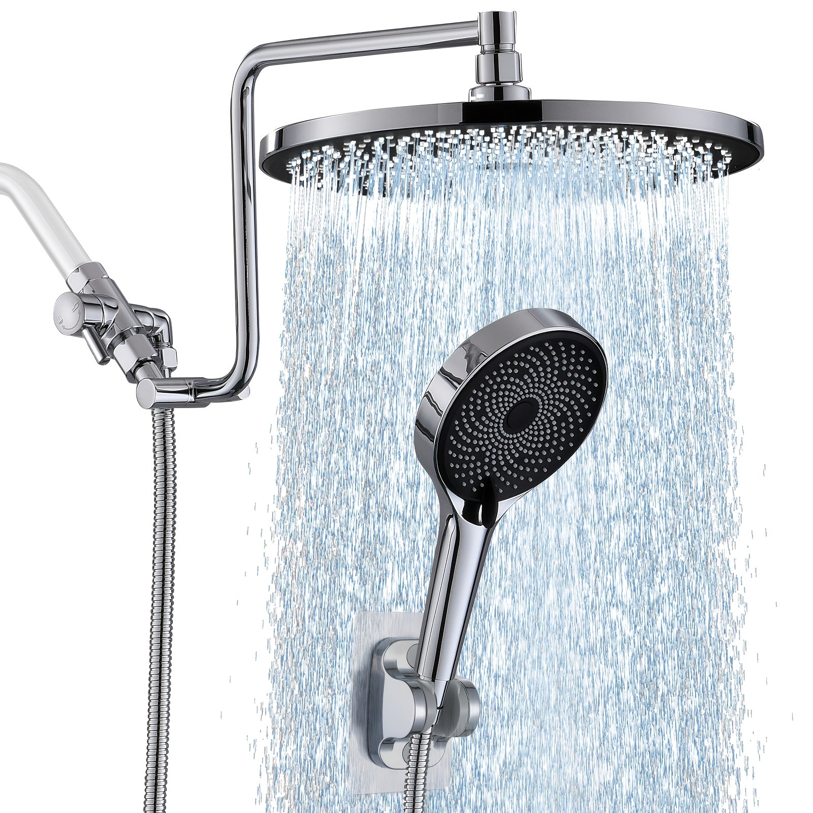Black Shower Head Set, 10-Inch High-Pressure Rainfall Showerhead with 12-Inch Adjustable Extension Arm And 3 Settings Powerful Shower Spray, 3-Way Shower Toggle Valve, Extra Long Hose - Wall Mounted,for Shower Use Only