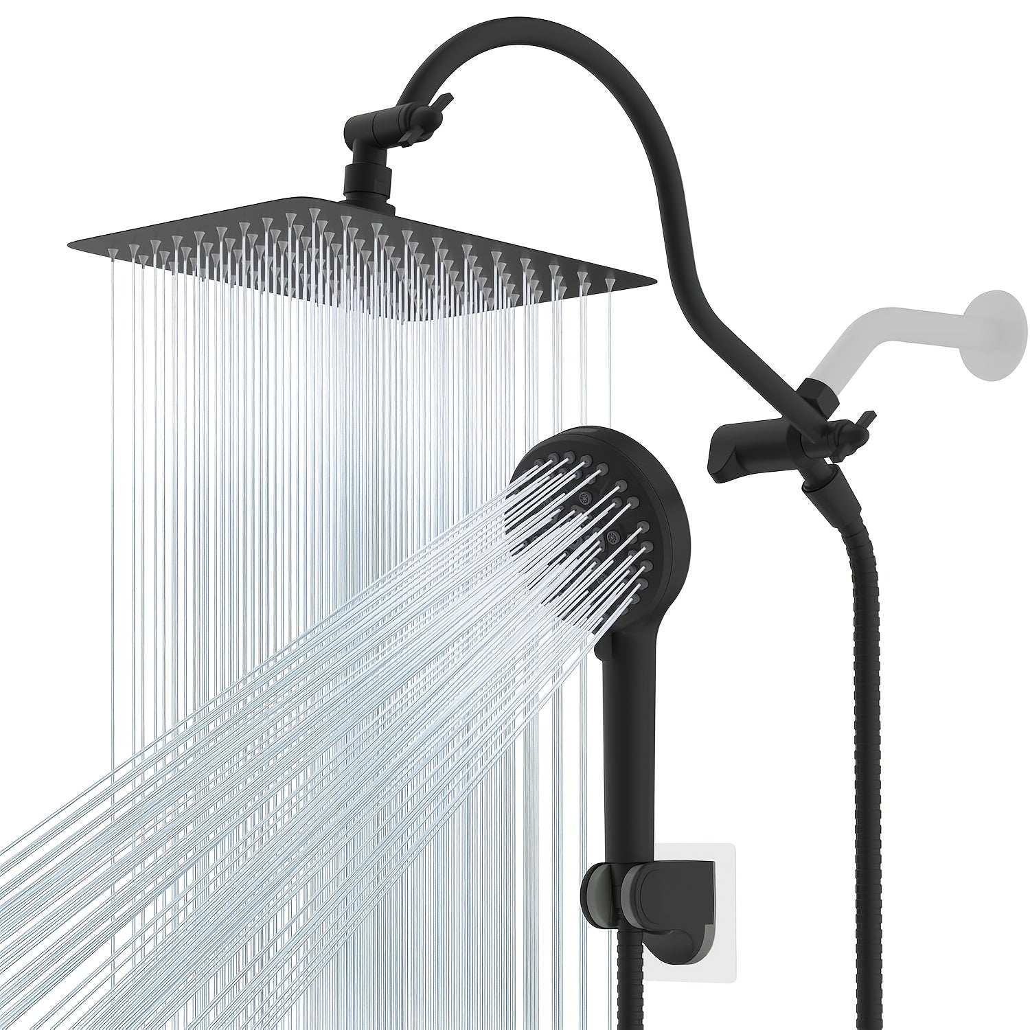 10-Inch High-Pressure Rainfall Shower Head And Handheld Shower Combination Featuring a 12-Inch Adjustable Extension Arm, with Three Adjustable Settings And an Anti-Leak Design, Including a Holder And Hose, Both Height And Angle Adjustable
