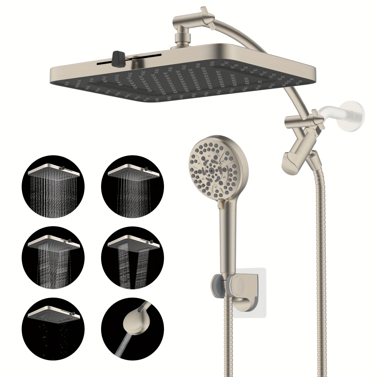 Combo of High-Pressure Rain Shower Head with 10 Spray Options, Handheld Spray, 71-Inch Shower Hose, Adhesive Bracket for Shower Head, Finished in Brushed Nickel