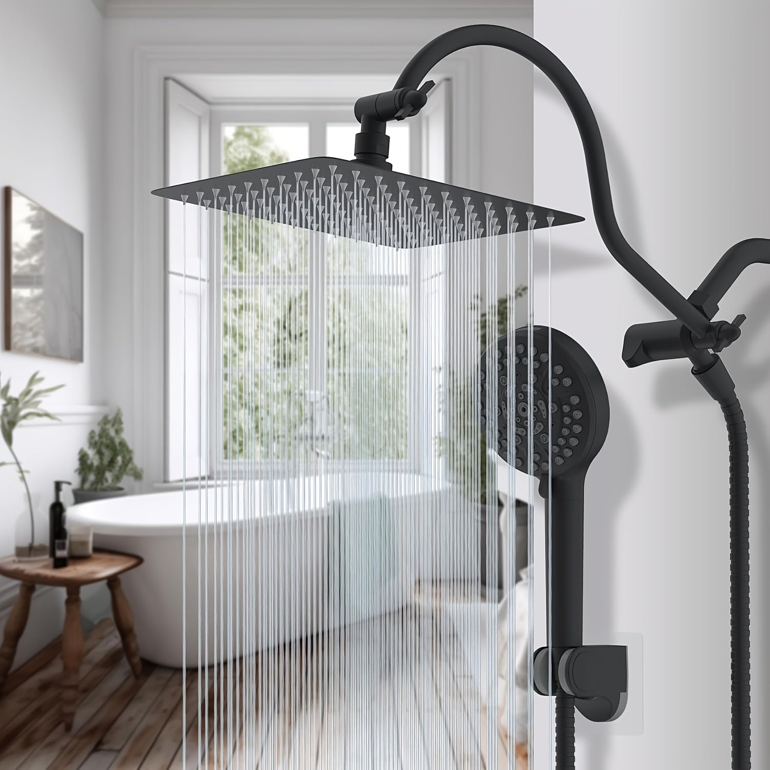 10-Inch High-Pressure Rainfall Shower Head And Handheld Shower Combination Featuring a 12-Inch Adjustable Extension Arm, with Three Adjustable Settings And an Anti-Leak Design, Including a Holder And Hose, Both Height And Angle Adjustable
