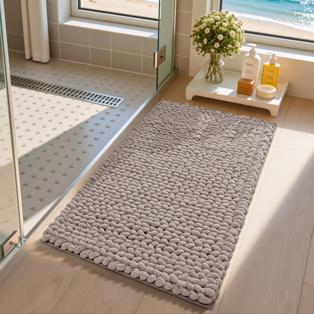 Luxury Chenille & Bedside - Thick High-Pile Fast-Drying Bath with Anti-Slip TPR Backing, Beige Soft Mat Suitable for Bathroom, Laundry Room, Bedroom Floors