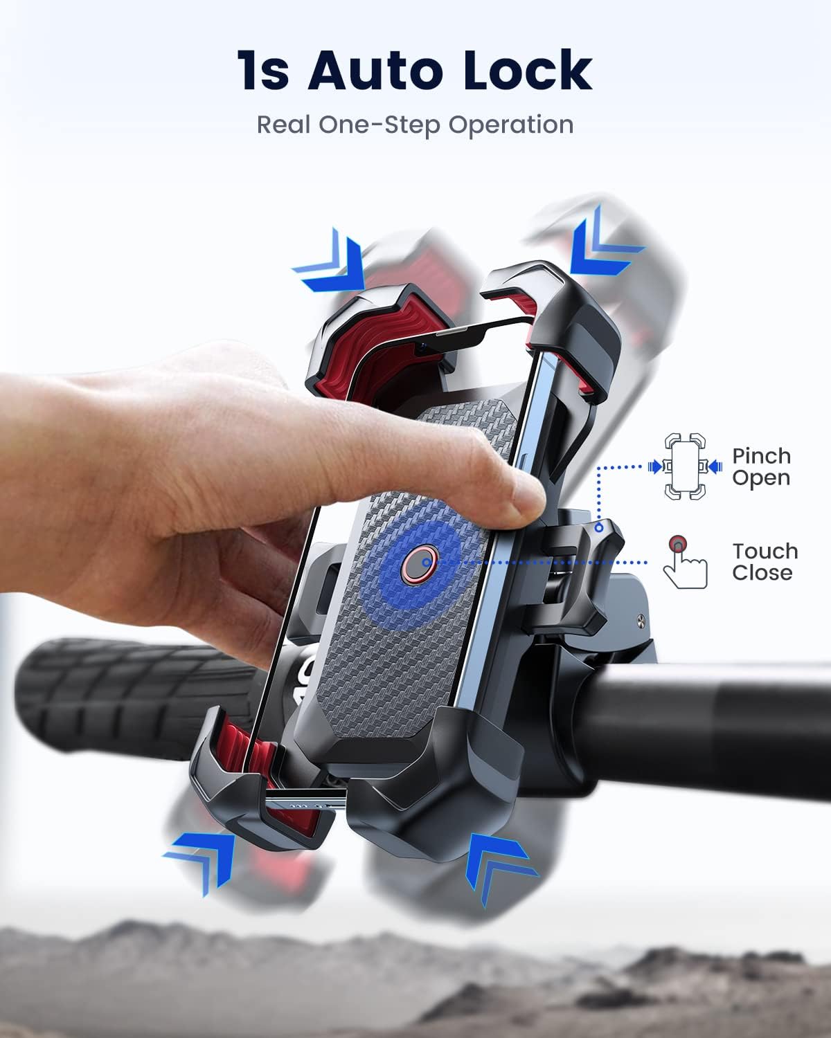 JOYROOM Motorcycle Phone Mount, 1s Auto Lock100mph Military Anti-Shake Bike Phone Holder for Bicycle, 10s Quick Install Handlebar Phone Mount, Compatible with iPhone, Samsung, All Cell Phone