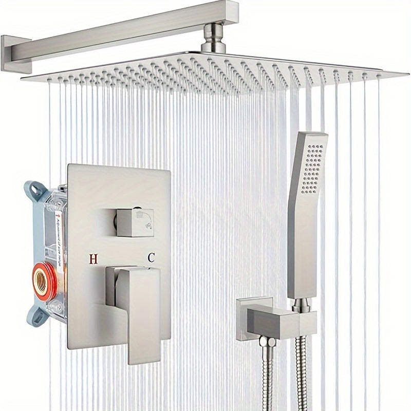 16-Inch Brushed Shower System | Deluxe Rain Shower Head with Handheld Combo Kit, Wall Mounted High Pressure Rain Shower Head System, Shower Faucet Set with Valve and Trim, brass Material For shower use only