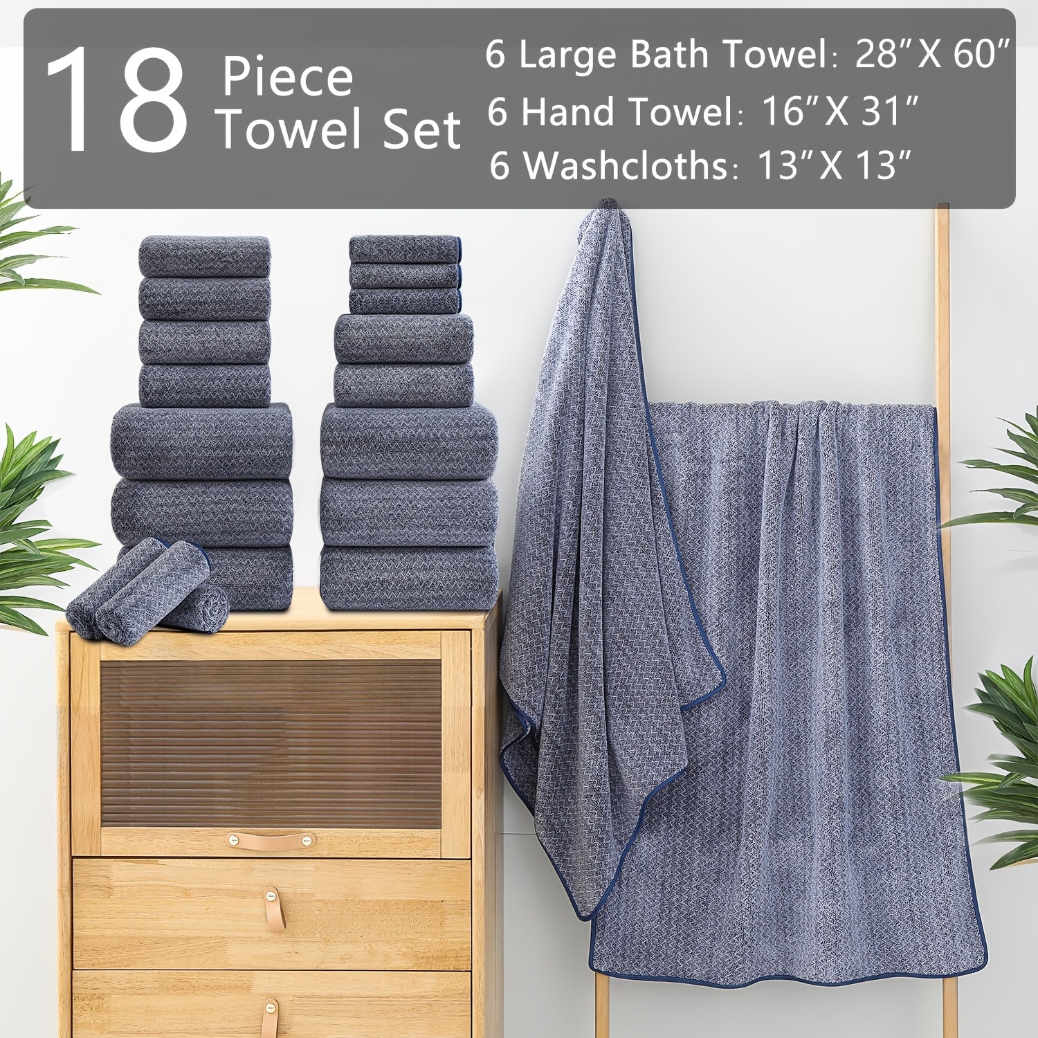 Set of 18 Bath Towels Made from 100% Microfiber, Designed for Family Bathrooms. Includes 6 Bath Towels, 6 Hand Towels, And 6 Washcloths. These Quick-Drying, Highly Absorbent Towels Are Ideal for Home Use, Hotels, Spas, And Outdoor Activities