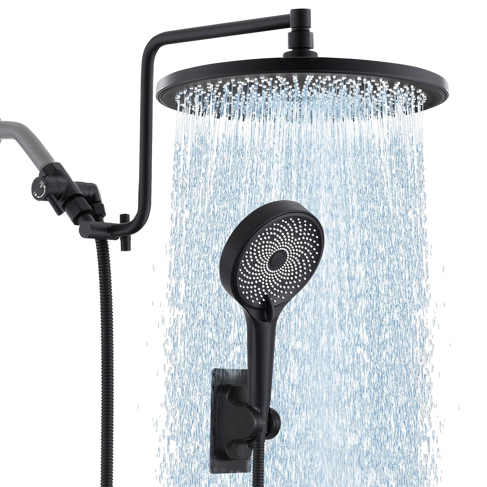 Black Shower Head Set, 10-Inch High-Pressure Rainfall Showerhead with 12-Inch Adjustable Extension Arm And 3 Settings Powerful Shower Spray, 3-Way Shower Toggle Valve, Extra Long Hose - Wall Mounted,for Shower Use Only