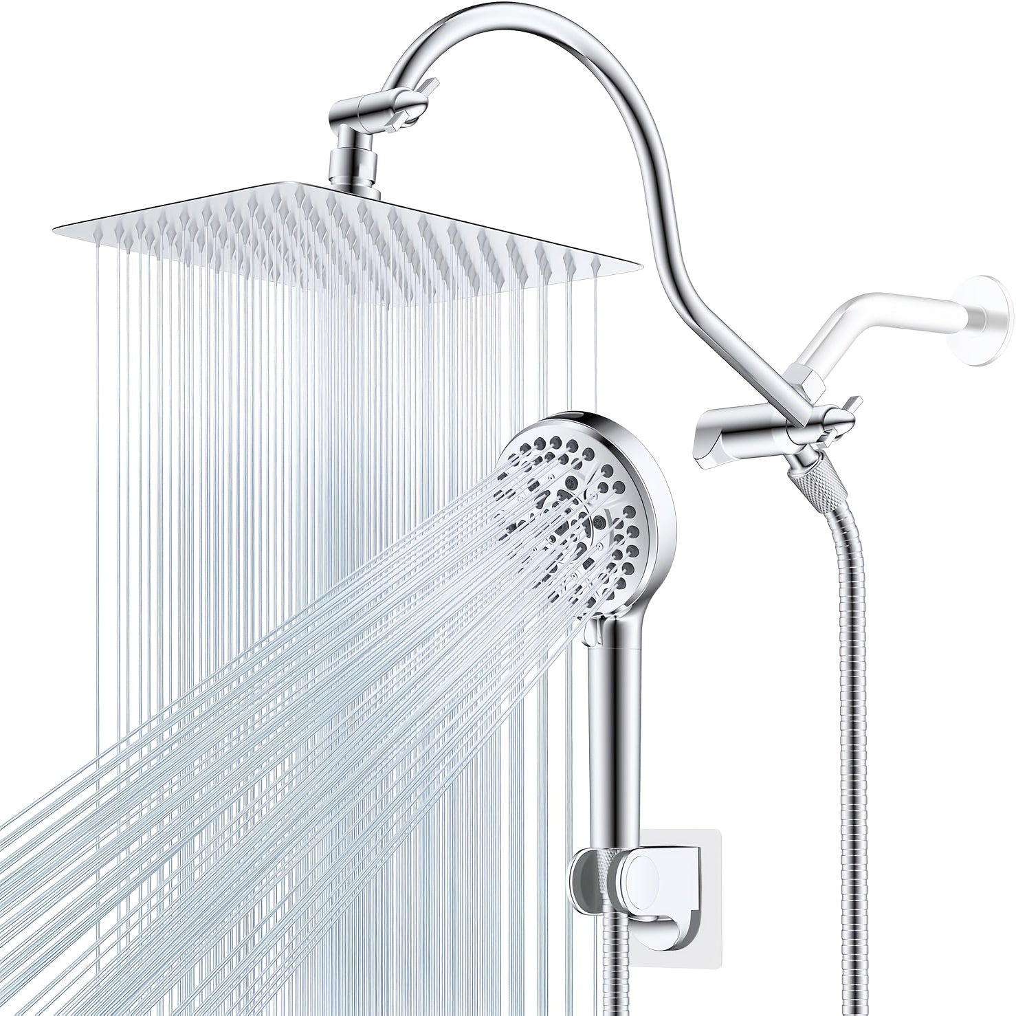 High Pressure Rainfall Shower Head with Handheld - 10'' Wide Coverage Showerhead, Adjustable 12'' Arm & 59'' Hose, 10-Spray Modes, Adhesive Mount, Matte, Suitable for Modern Bathrooms - 304 Stainless Steel Shower System