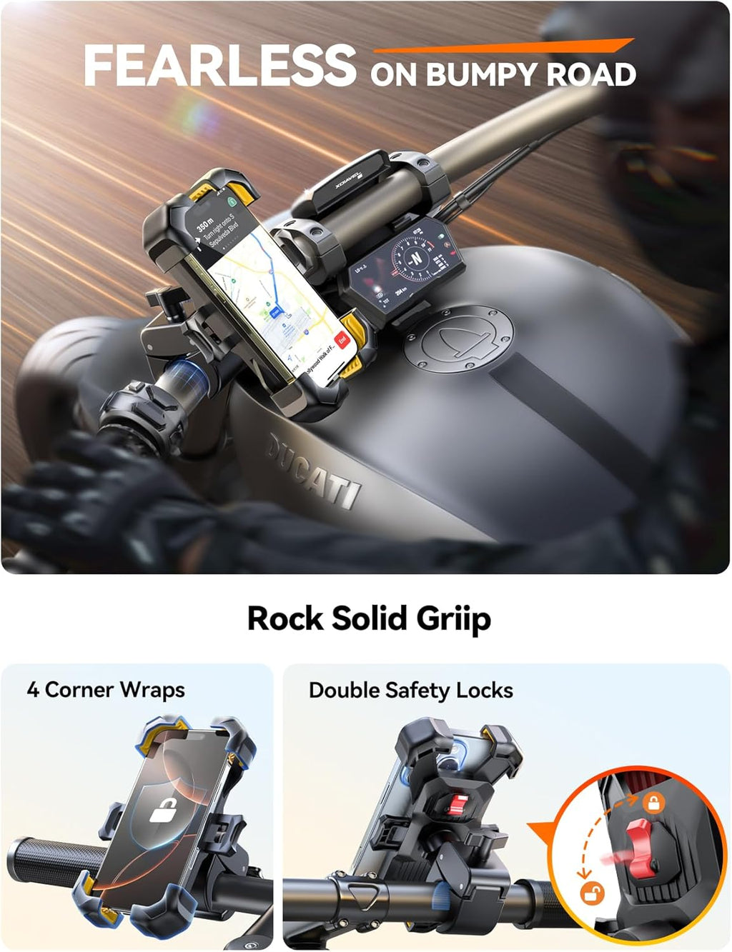 JOYROOM Motorcycle Phone Mount, 1s Auto Lock100mph Military Anti-Shake Bike Phone Holder for Bicycle, 10s Quick Install Handlebar Phone Mount, Compatible with iPhone, Samsung, All Cell Phone