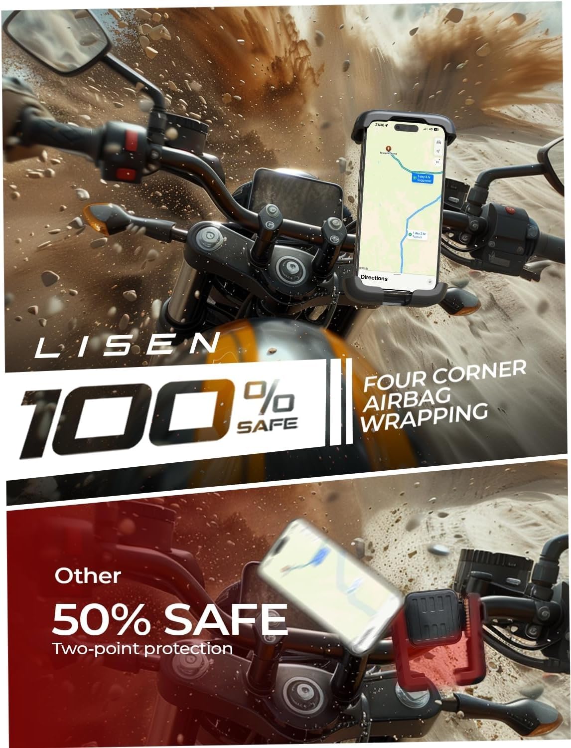 LISEN Bike Phone Holder, Super Easy Install Ultra Stable Motorcycle Phone Mount, Bicycle Handlebar Holder Mount for Adults Kids, Bike Bicycle Ebike Gear Accessories, for iPhone Samsung Google Pixel