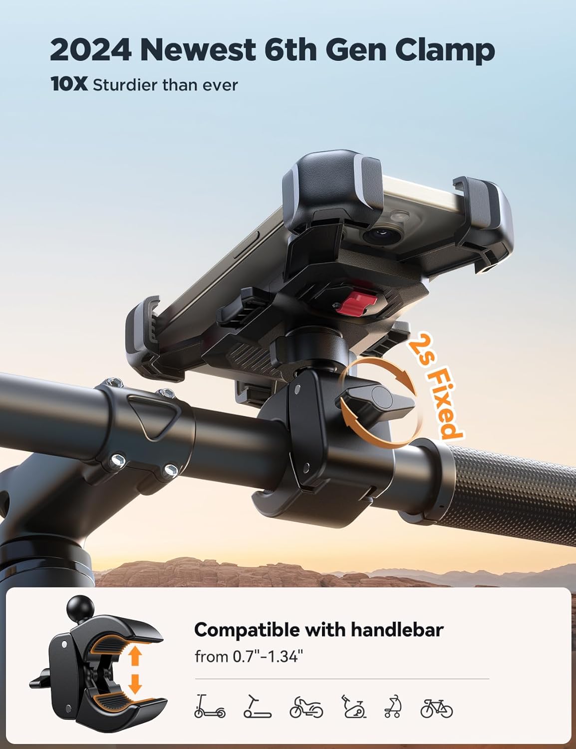 JOYROOM Motorcycle Phone Mount, 1s Auto Lock100mph Military Anti-Shake Bike Phone Holder for Bicycle, 10s Quick Install Handlebar Phone Mount, Compatible with iPhone, Samsung, All Cell Phone