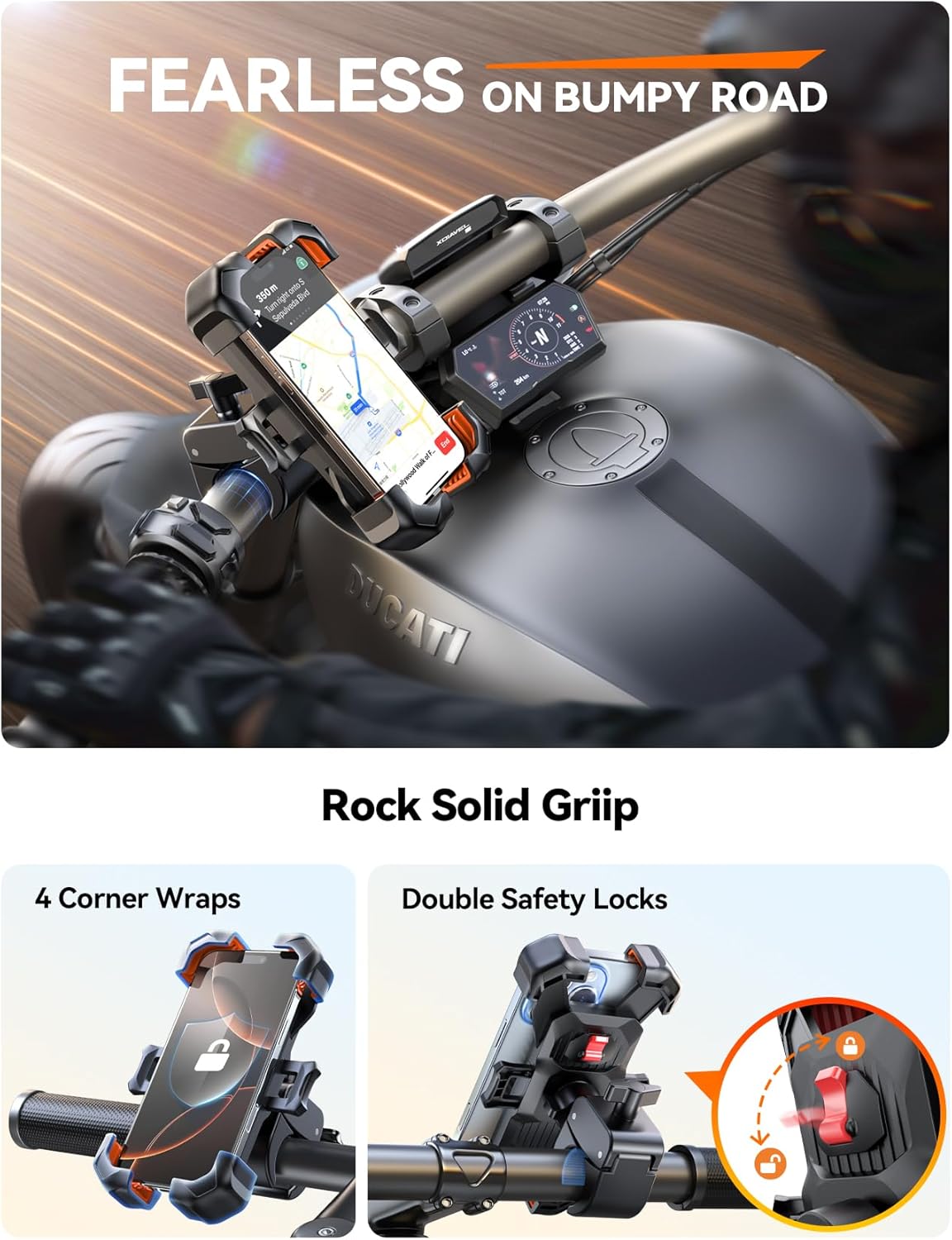 JOYROOM Motorcycle Phone Mount, 1s Auto Lock100mph Military Anti-Shake Bike Phone Holder for Bicycle, 10s Quick Install Handlebar Phone Mount, Compatible with iPhone, Samsung, All Cell Phone