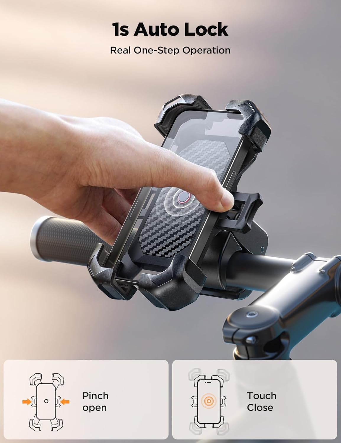 JOYROOM Motorcycle Phone Mount, 1s Auto Lock100mph Military Anti-Shake Bike Phone Holder for Bicycle, 10s Quick Install Handlebar Phone Mount, Compatible with iPhone, Samsung, All Cell Phone