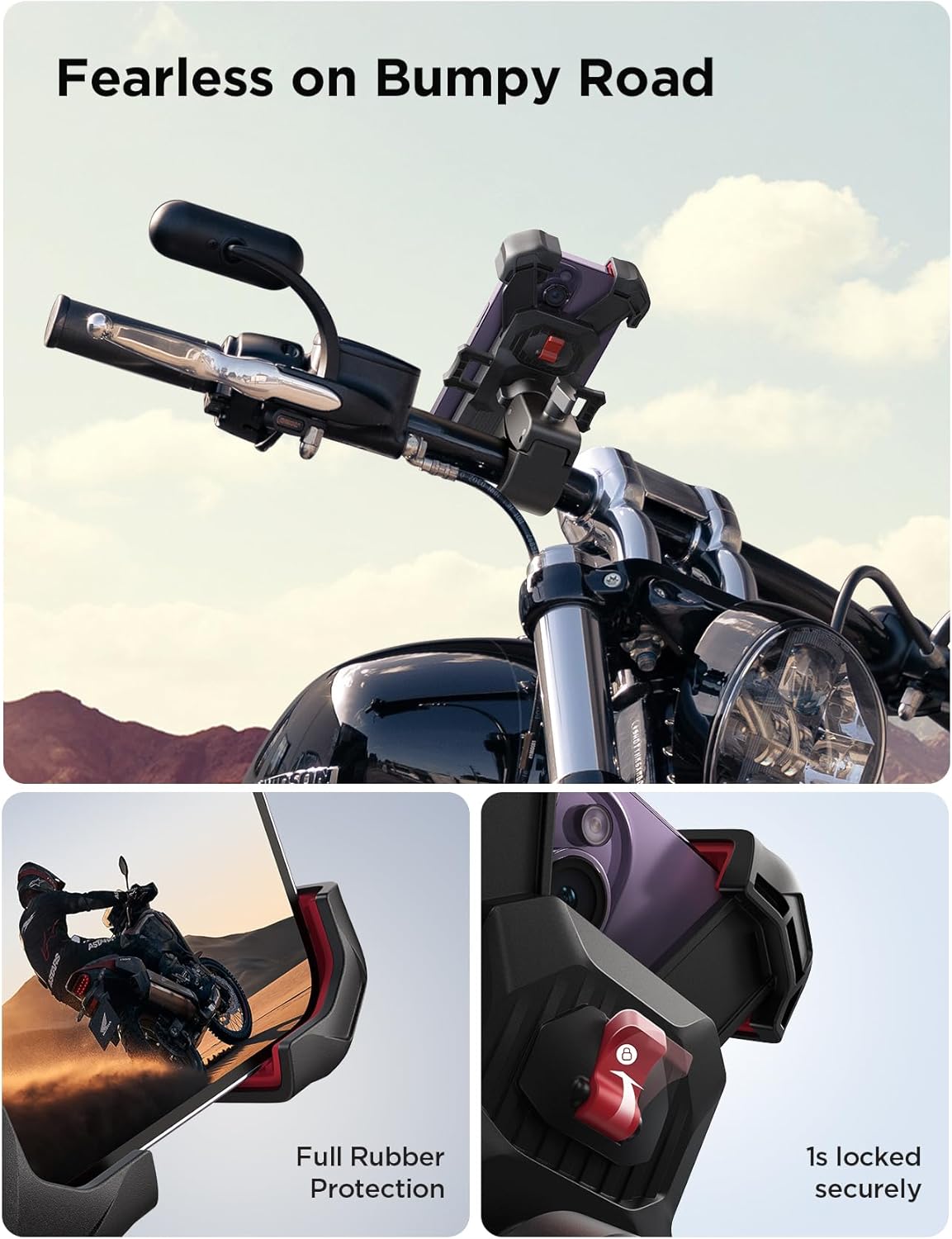 JOYROOM Motorcycle Phone Mount, 1s Auto Lock100mph Military Anti-Shake Bike Phone Holder for Bicycle, 10s Quick Install Handlebar Phone Mount, Compatible with iPhone, Samsung, All Cell Phone