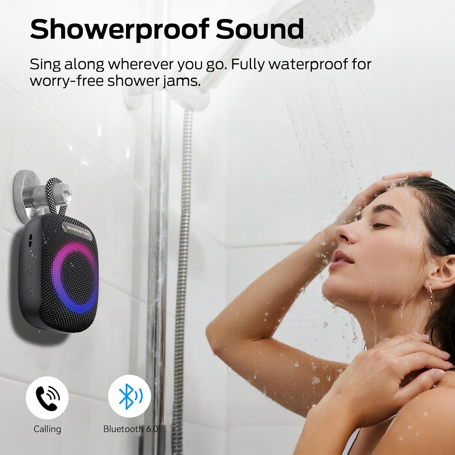 Monster S300 Portable Bluetooth Bike Speaker, IPX7 Waterproof Wireless Shower Speaker with RGB Lights, 10H Playtime, Loud Sound, Bluetooth 6.0, Bike Accessories, TWS, for Outdoors/Travel/Home, Black