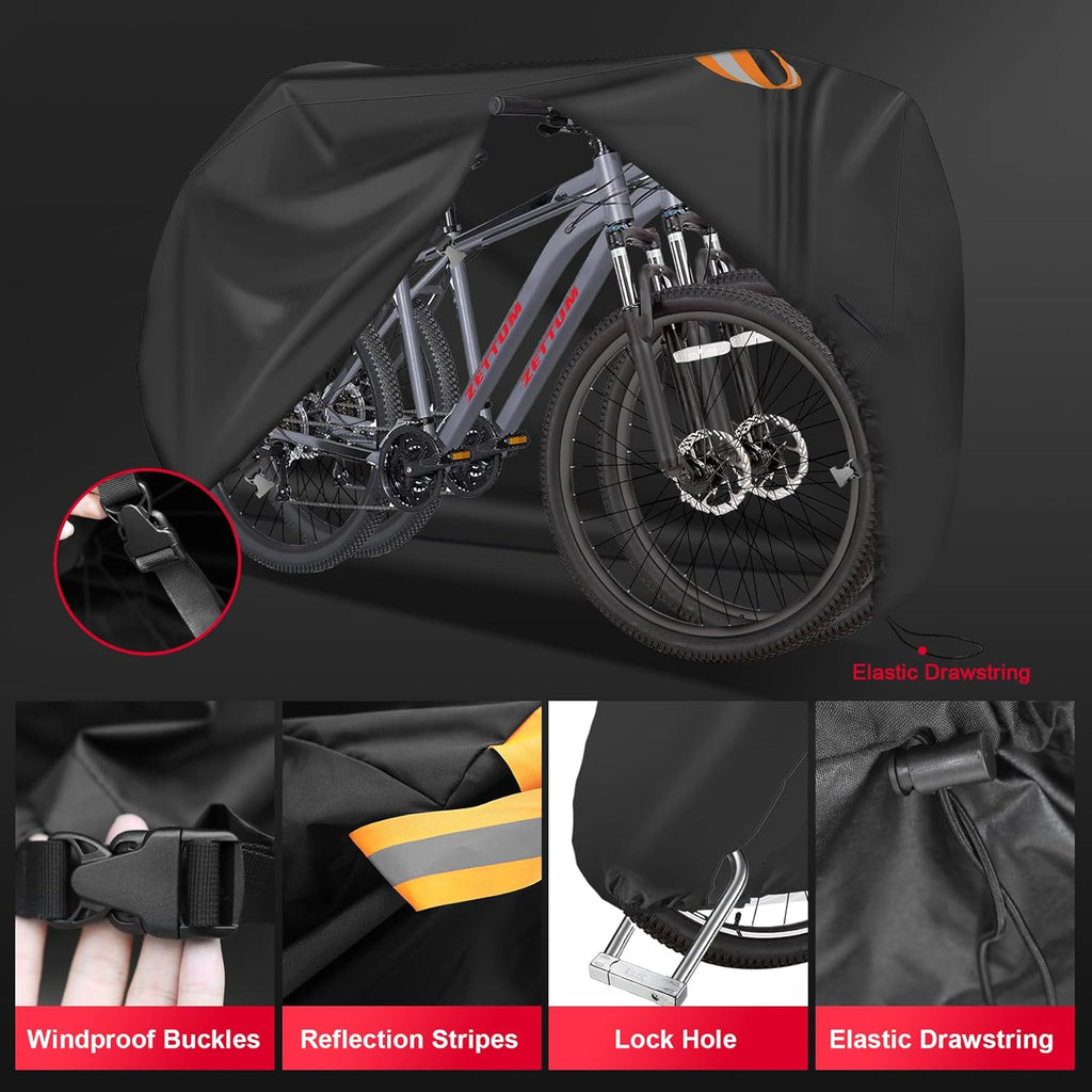 Zettum Bike Cover for 2 Bikes - 600D Bike Covers Outdoor Storage Waterproof & Heavy Duty, Bicycle Cover for 2 eBike, Mountain Bike, Road Bike, Hybrid Bike, Beach Cruiser Bike, Scooter and More