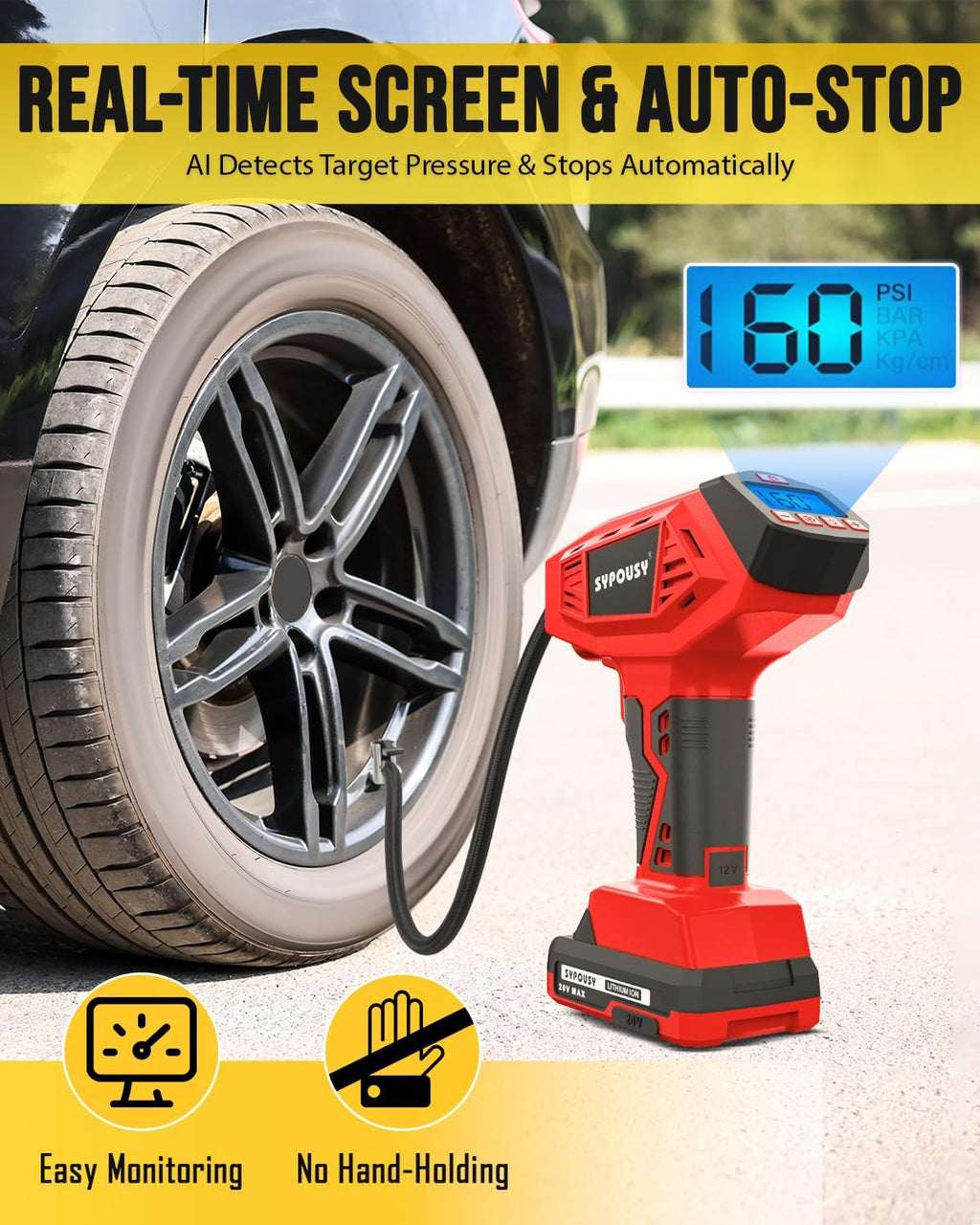 Upgraded Tire Inflator Portable Air Compressor, 160PSI Cordless Air Pump with 20V Rechargeable Battery, 2X Faster Inflation, Digital Pressure Gauge for Car, Motorcycle, E-Bike & Balls