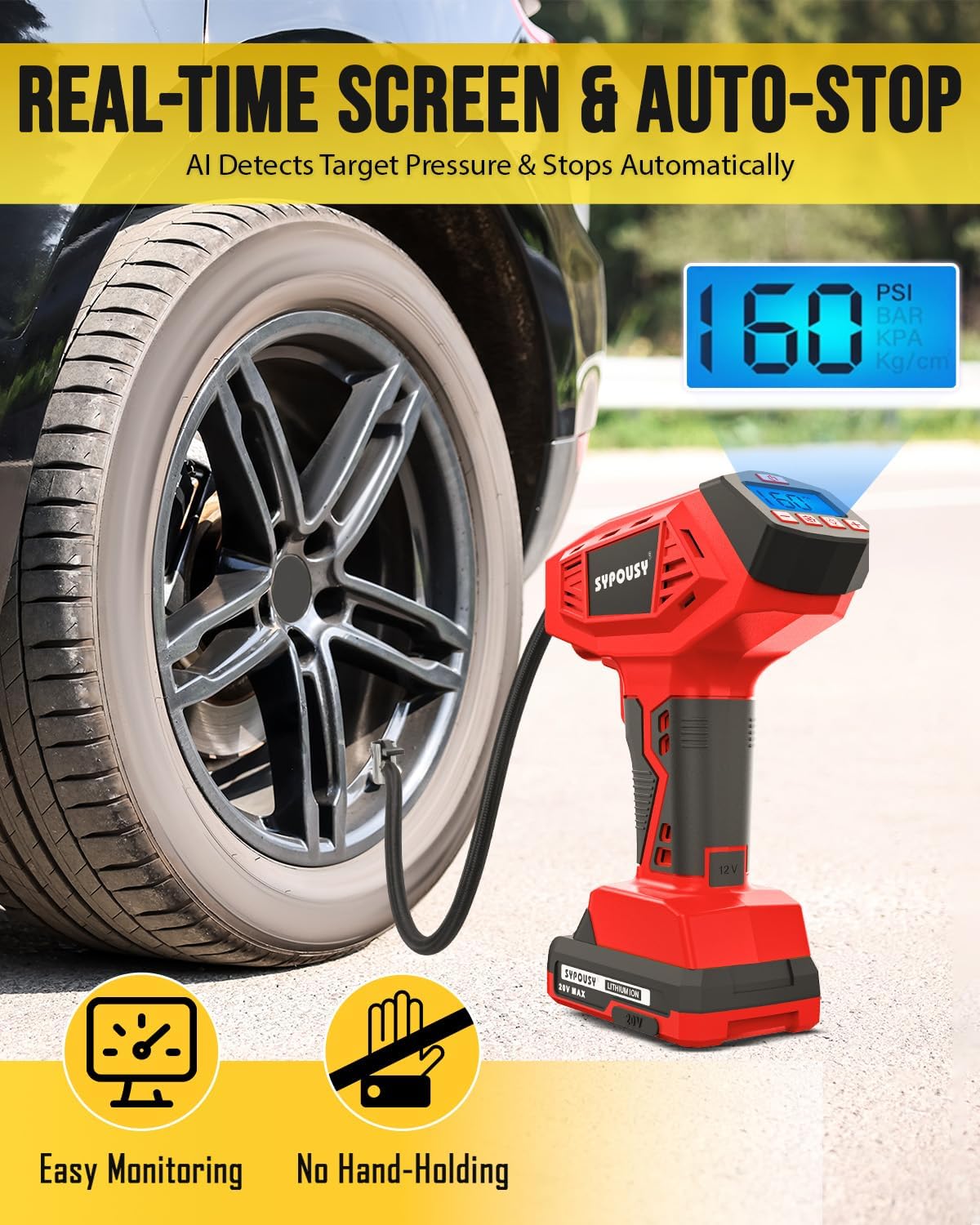 Upgraded Tire Inflator Portable Air Compressor, 160PSI Cordless Air Pump with 20V Rechargeable Battery, 2X Faster Inflation, Digital Pressure Gauge for Car, Motorcycle, E-Bike & Balls