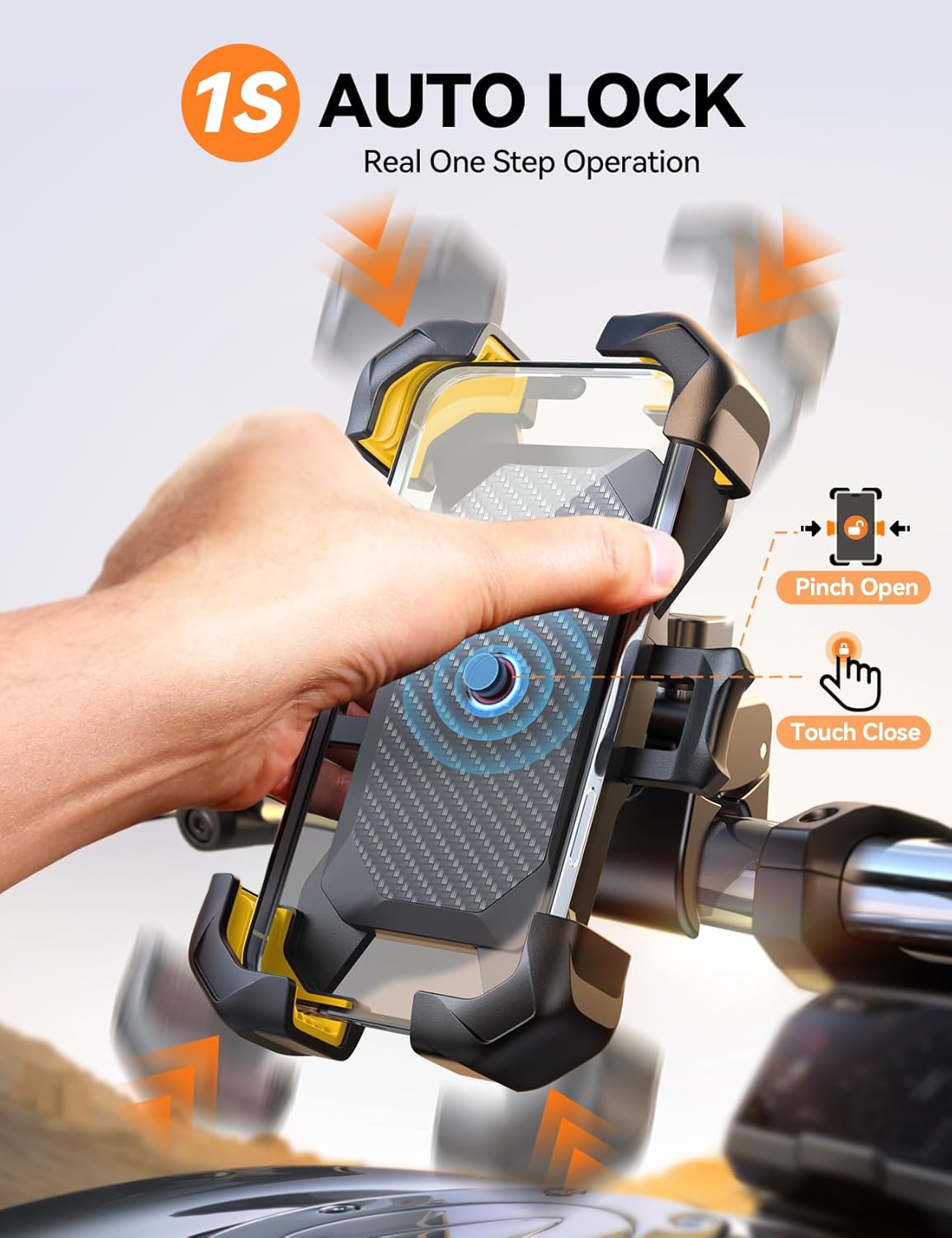 JOYROOM Motorcycle Phone Mount, 1s Auto Lock100mph Military Anti-Shake Bike Phone Holder for Bicycle, 10s Quick Install Handlebar Phone Mount, Compatible with iPhone, Samsung, All Cell Phone
