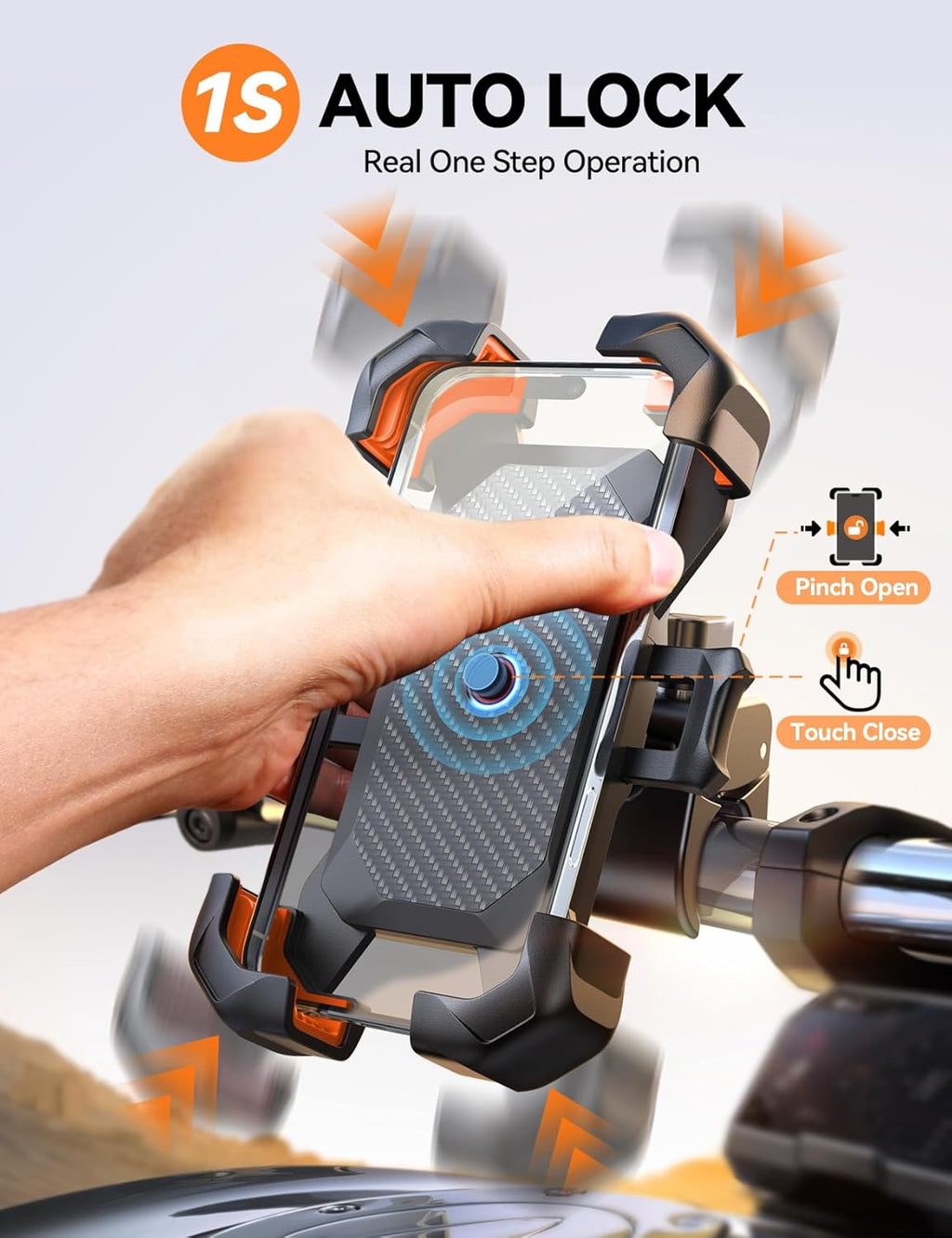 JOYROOM Motorcycle Phone Mount, 1s Auto Lock100mph Military Anti-Shake Bike Phone Holder for Bicycle, 10s Quick Install Handlebar Phone Mount, Compatible with iPhone, Samsung, All Cell Phone