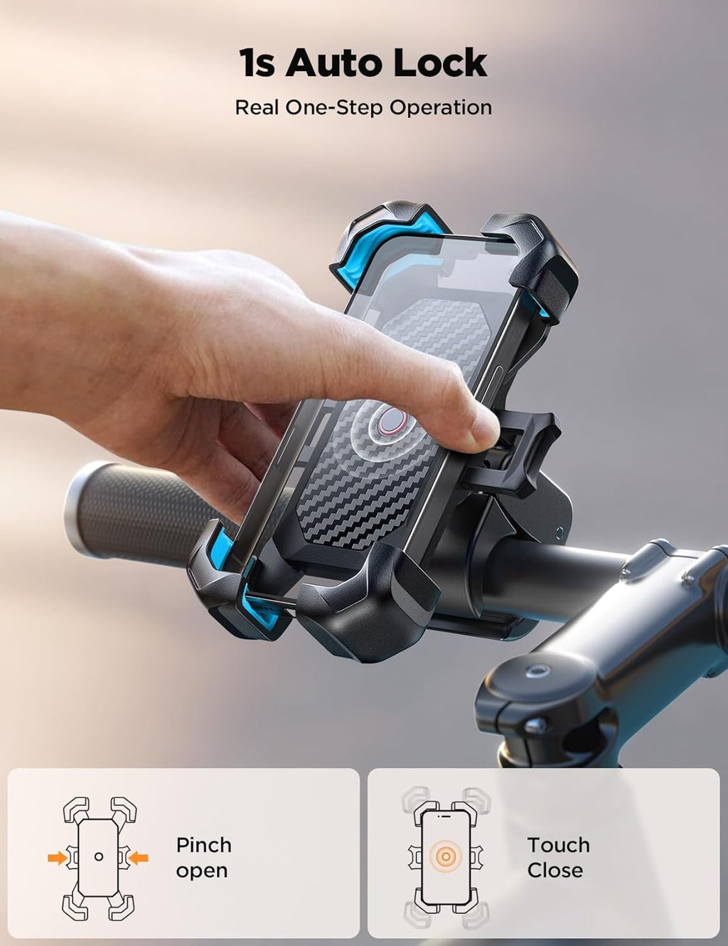 JOYROOM Motorcycle Phone Mount, 1s Auto Lock100mph Military Anti-Shake Bike Phone Holder for Bicycle, 10s Quick Install Handlebar Phone Mount, Compatible with iPhone, Samsung, All Cell Phone