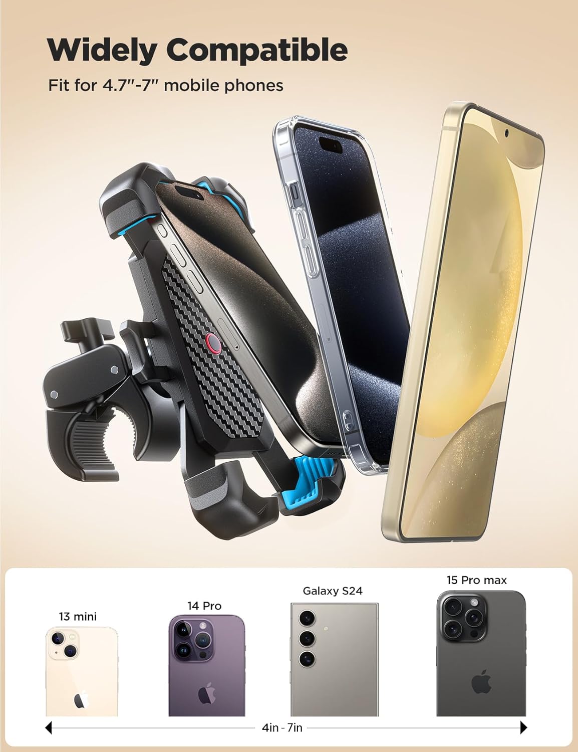 JOYROOM Motorcycle Phone Mount, 1s Auto Lock100mph Military Anti-Shake Bike Phone Holder for Bicycle, 10s Quick Install Handlebar Phone Mount, Compatible with iPhone, Samsung, All Cell Phone