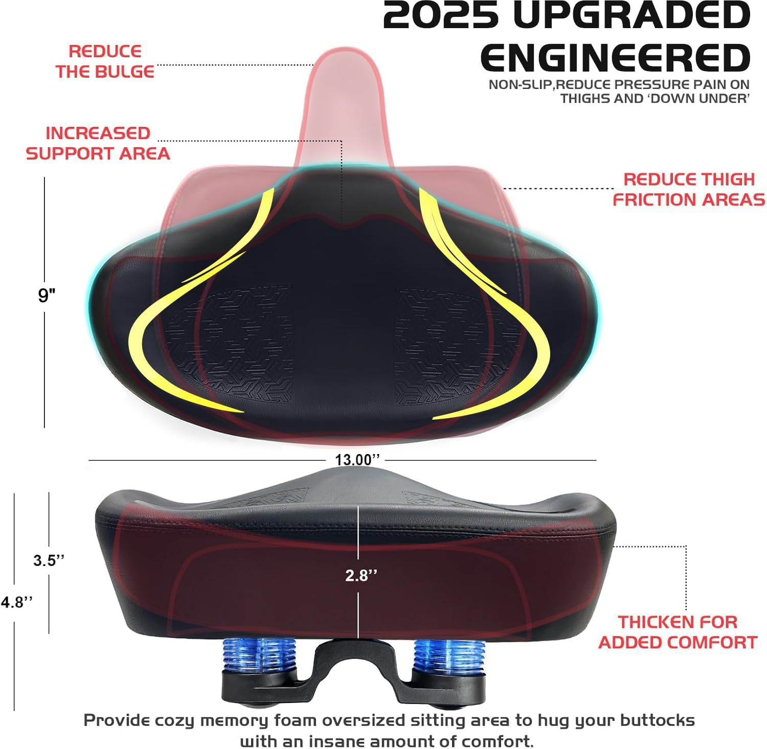 Noseless Bike Seat Cushion for Men & Women - Extra Padding & Comfort Wide Bicycle Seat, Oversized Comfortable Saddle for Peloton Bikes, Exercise Bikes, Electric Bikes, Cruiser Bikes
