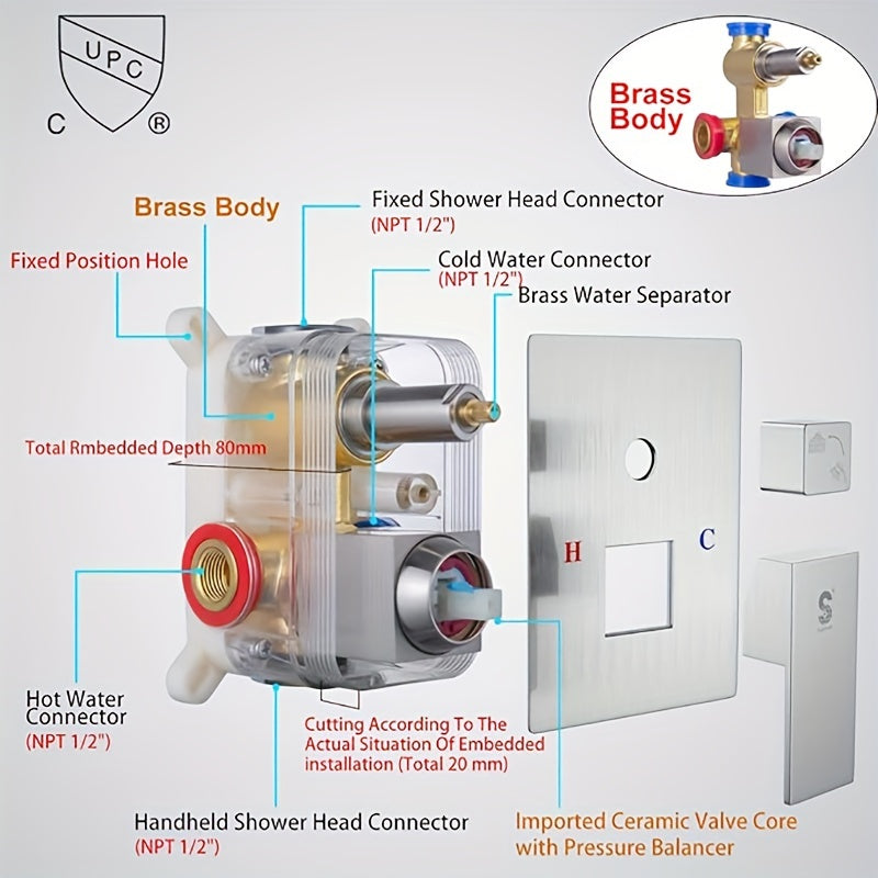 16-Inch Brushed Shower System | Deluxe Rain Shower Head with Handheld Combo Kit, Wall Mounted High Pressure Rain Shower Head System, Shower Faucet Set with Valve and Trim, brass Material For shower use only