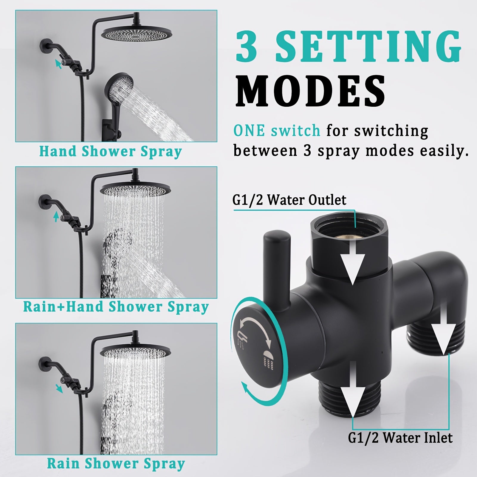 Black Shower Head Set, 10-Inch High-Pressure Rainfall Showerhead with 12-Inch Adjustable Extension Arm And 3 Settings Powerful Shower Spray, 3-Way Shower Toggle Valve, Extra Long Hose - Wall Mounted,for Shower Use Only