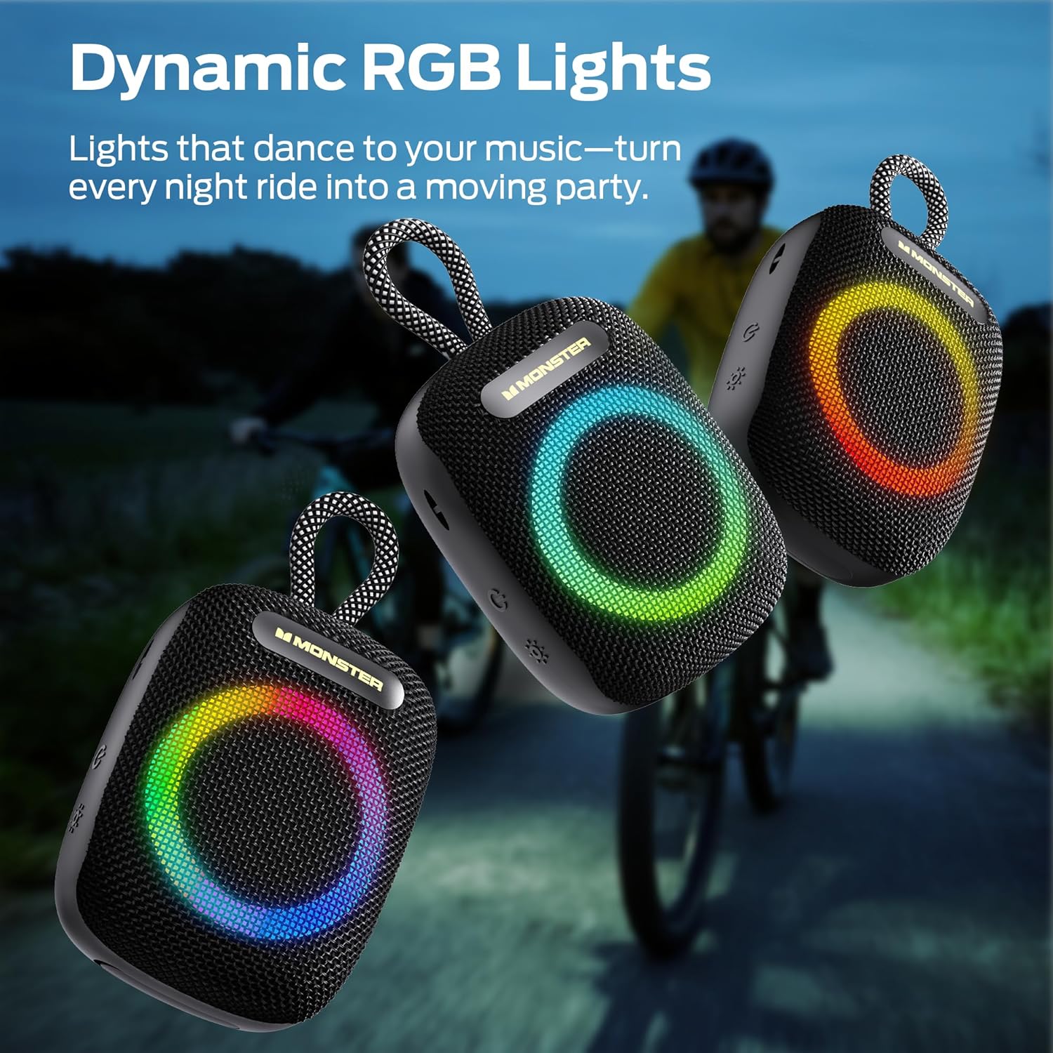 Monster S300 Portable Bluetooth Bike Speaker, IPX7 Waterproof Wireless Shower Speaker with RGB Lights, 10H Playtime, Loud Sound, Bluetooth 6.0, Bike Accessories, TWS, for Outdoors/Travel/Home, Black