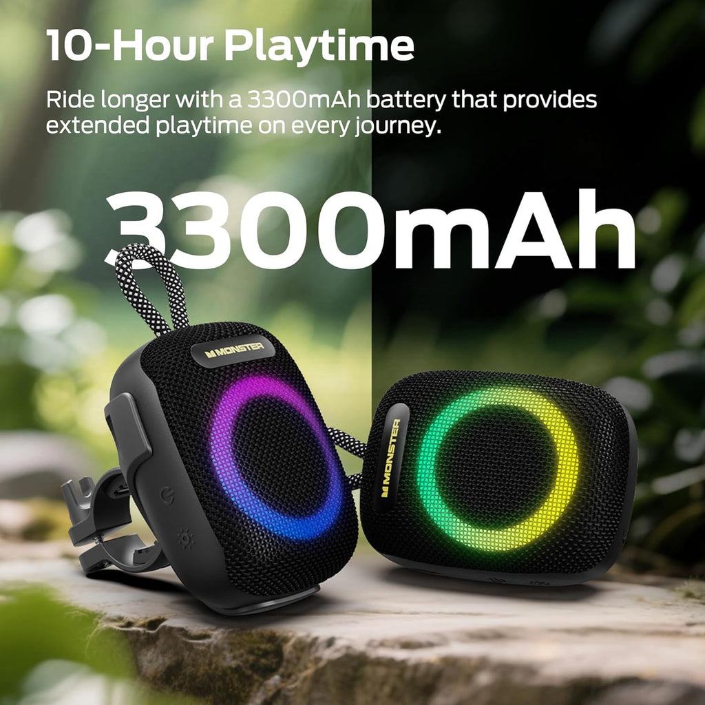 Monster S300 Portable Bluetooth Bike Speaker, IPX7 Waterproof Wireless Shower Speaker with RGB Lights, 10H Playtime, Loud Sound, Bluetooth 6.0, Bike Accessories, TWS, for Outdoors/Travel/Home, Black
