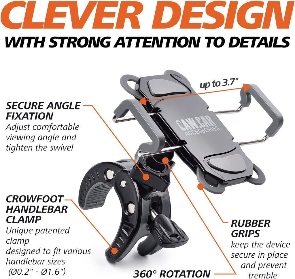CAW.CAR Accessories Metal Bike & Motorcycle Phone Mount - The Only Unbreakable Handlebar Holder for iPhone, Samsung or Any Other Smartphone. +100 to Safeness & Comfort