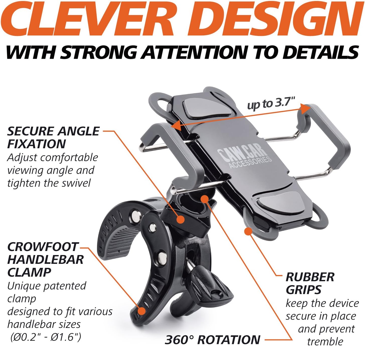 CAW.CAR Accessories Metal Bike & Motorcycle Phone Mount - The Only Unbreakable Handlebar Holder for iPhone, Samsung or Any Other Smartphone. +100 to Safeness & Comfort
