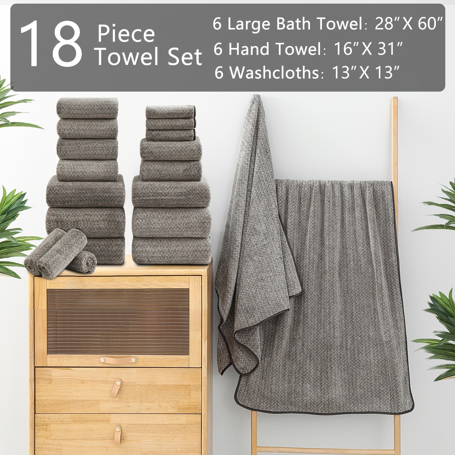 Set of 18 Bath Towels Made from 100% Microfiber, Designed for Family Bathrooms. Includes 6 Bath Towels, 6 Hand Towels, And 6 Washcloths. These Quick-Drying, Highly Absorbent Towels Are Ideal for Home Use, Hotels, Spas, And Outdoor Activities
