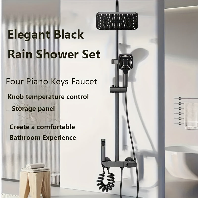 1Set Luxury 4-Way Piano Key Shower System - Thermostatic Rainfall & Handheld Shower Heads, Tub Spout, Bidet Sprayer - Wall Mounted Bath Fixture Set, Waterfall Bathtub Sprayer