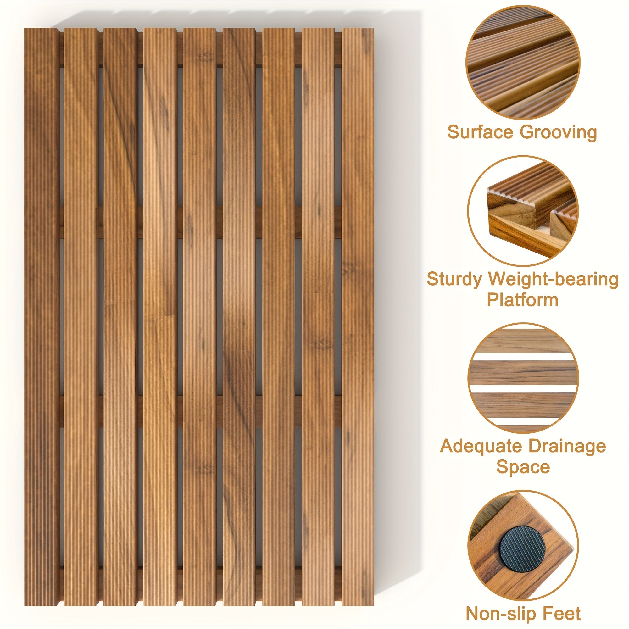 1pc Teak Wood Bath Mat Non-Slip Bathroom Wooden Floor Mat Square Large for Spa Home Or Outdoor