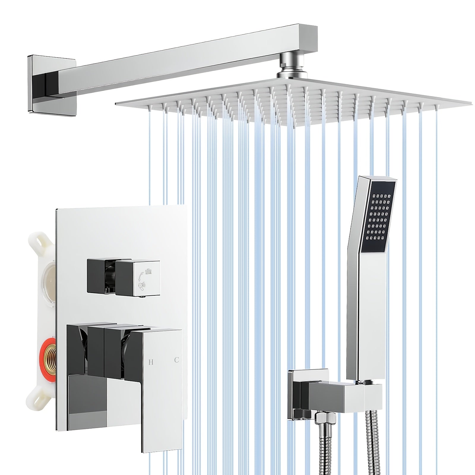 16-Inch Brushed Shower System | Deluxe Rain Shower Head with Handheld Combo Kit, Wall Mounted High Pressure Rain Shower Head System, Shower Faucet Set with Valve and Trim, brass Material For shower use only