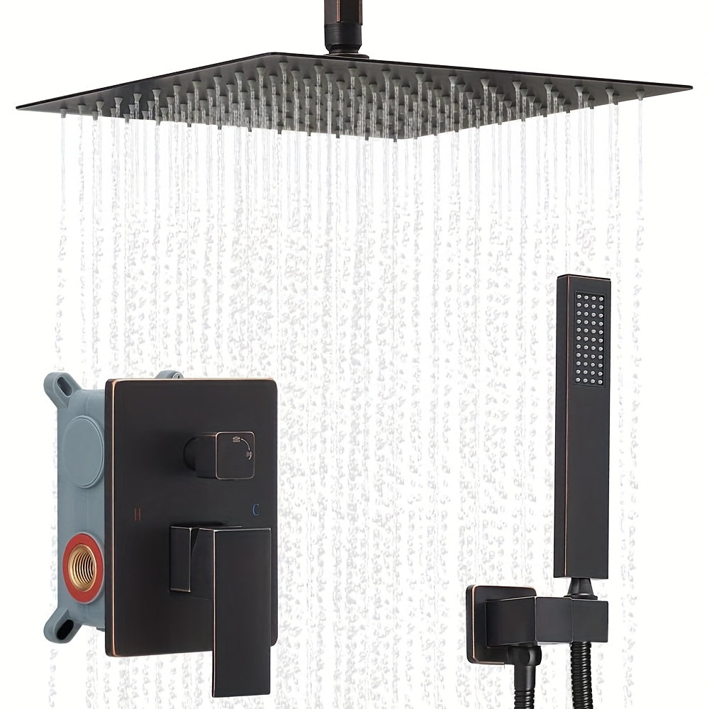 10 12 16 Inch Ceiling Mounted Shower System Rain Mixer Shower Combo Set Rainfall Shower Head System Matte Black Shower Faucet Rough-in Valve Body And Trim Included
