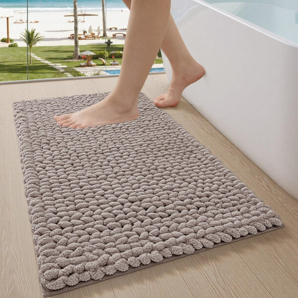 Luxury Chenille & Bedside - Thick High-Pile Fast-Drying Bath with Anti-Slip TPR Backing, Beige Soft Mat Suitable for Bathroom, Laundry Room, Bedroom Floors