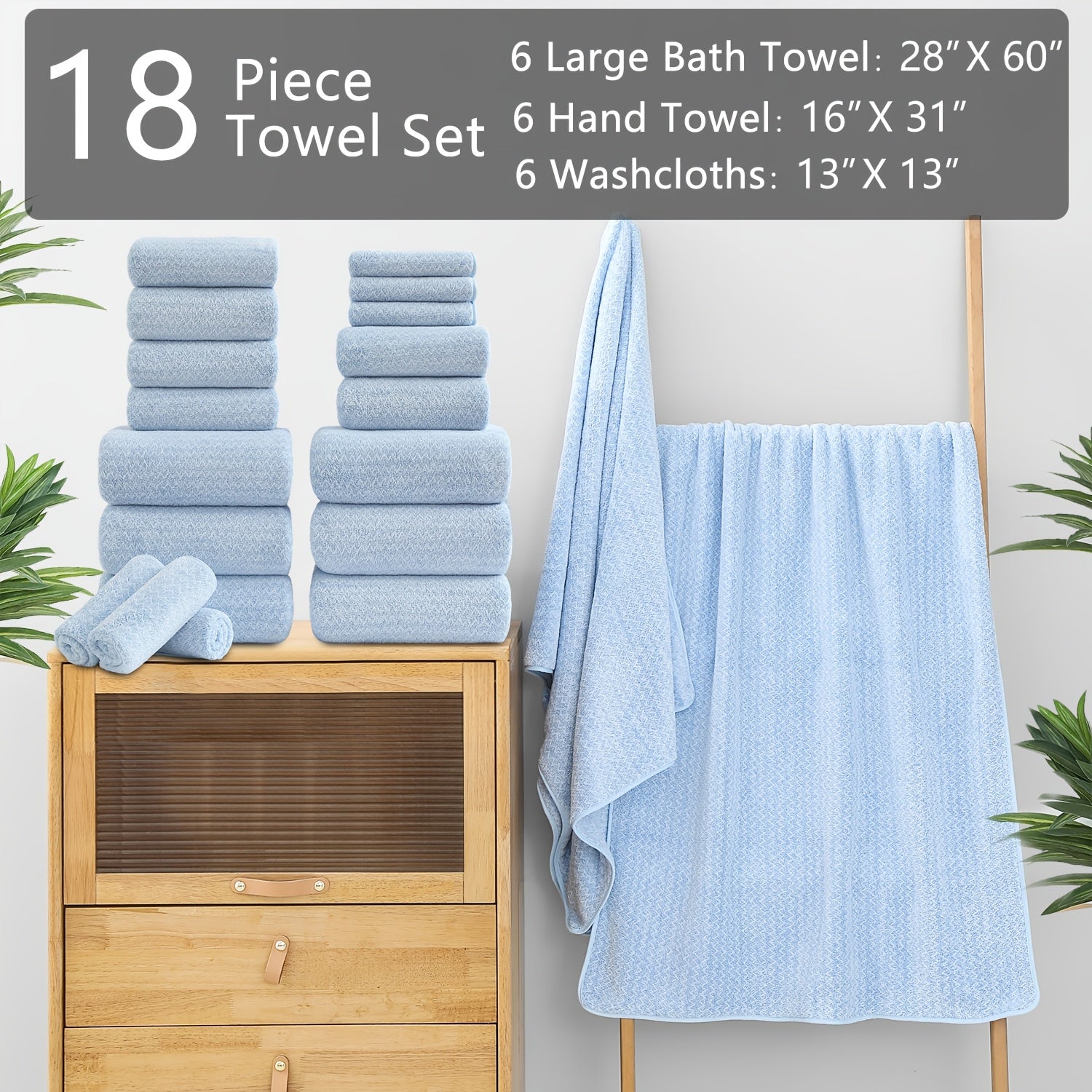 Set of 18 Bath Towels Made from 100% Microfiber, Designed for Family Bathrooms. Includes 6 Bath Towels, 6 Hand Towels, And 6 Washcloths. These Quick-Drying, Highly Absorbent Towels Are Ideal for Home Use, Hotels, Spas, And Outdoor Activities